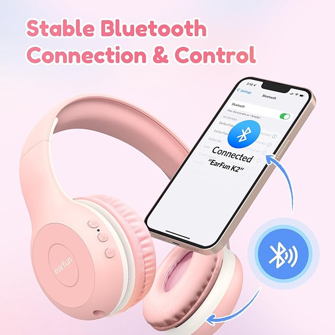 EarFun K2 Kids Bluetooth Headphones, Kids Headphones with Volume Limited, 40H Playtime, Built-in Mic, Stereo Sound, Foldable Over-Ear Headphone for School/Travel/iPad/Tablet, Pink