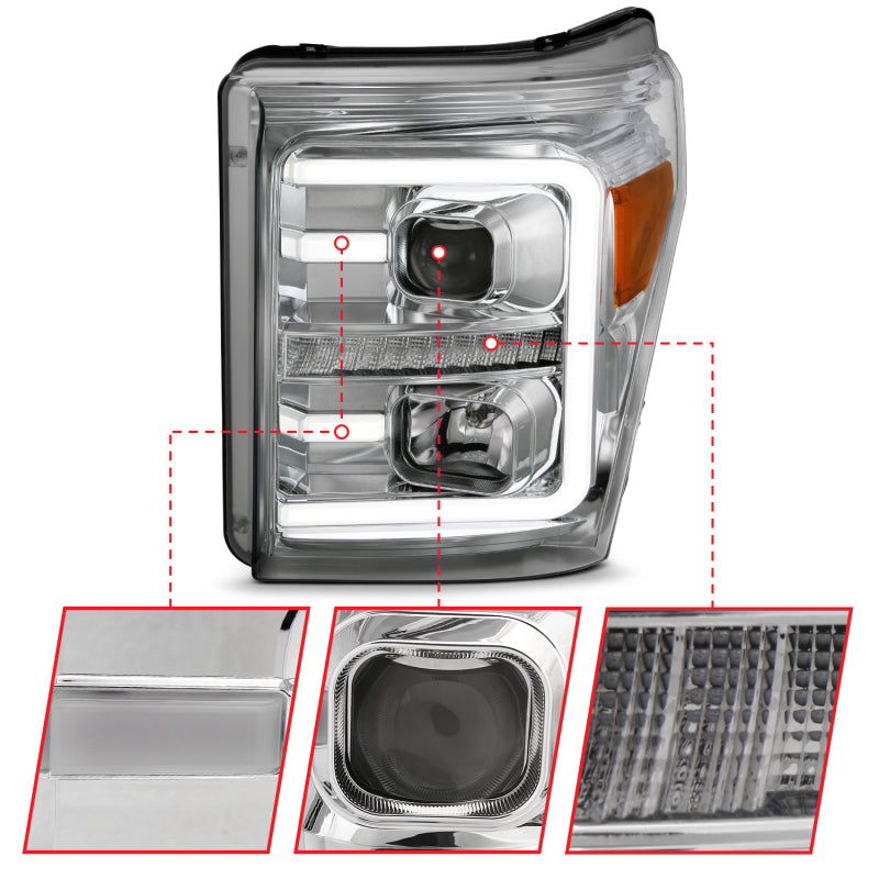 ANZO 11-16 Ford F-250/F-350/F-450 Projector Headlights w/ Plank Style Switchback Chrome w/Amber 111407