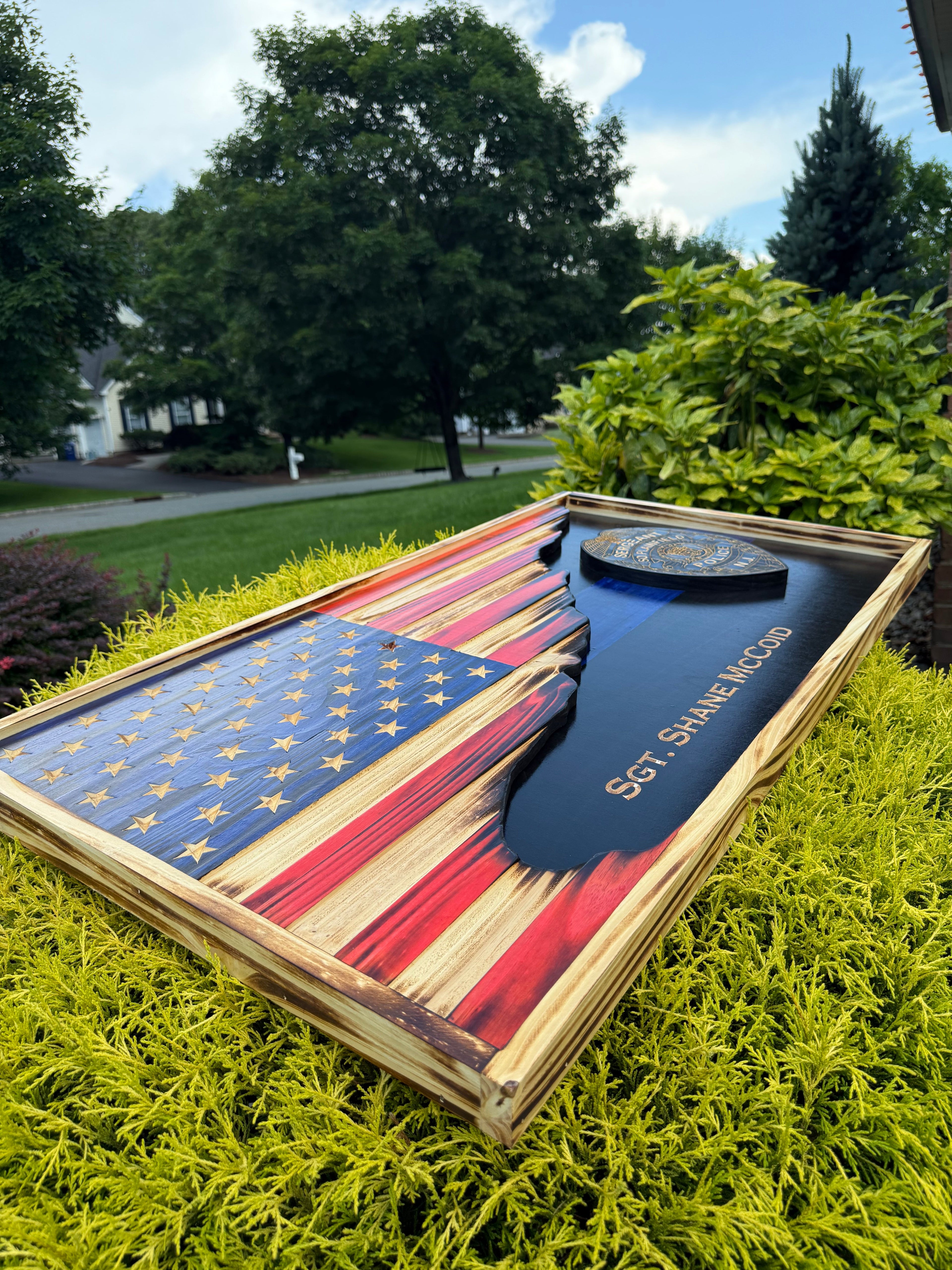 Custom 3D Thin Line American Flag with Engraved Badge