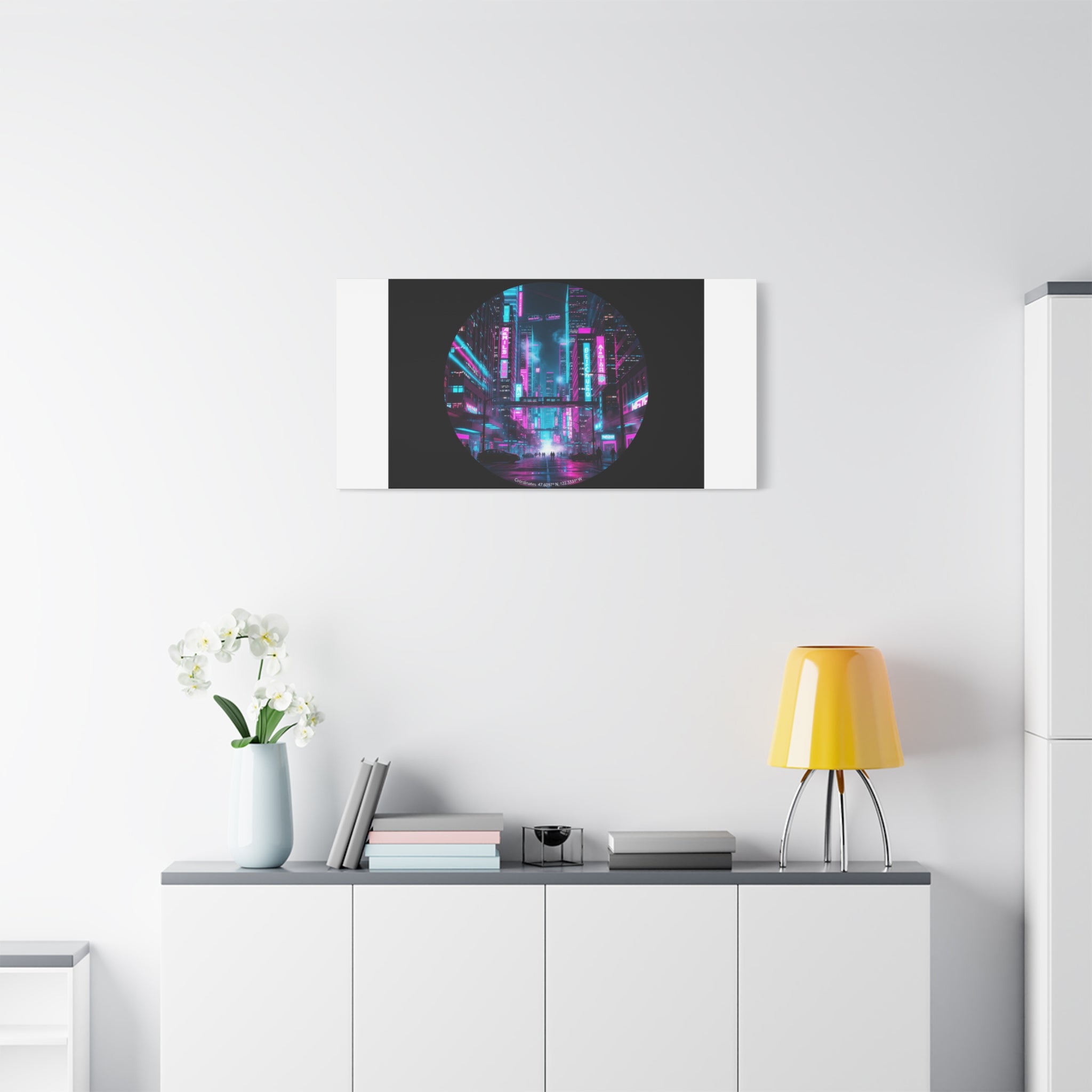Neon Cyberpunk Cityscape Canvas | synthwave skyline, future city art