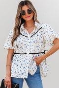 White Contrast Trim Floral Puff Short Sleeve Shirt