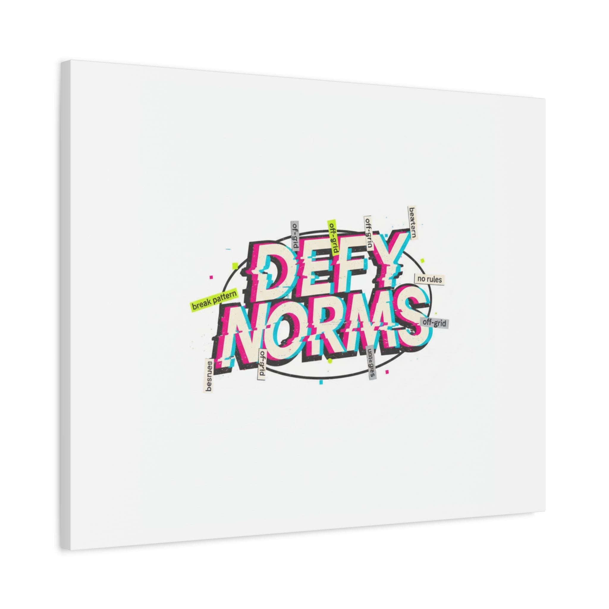 Defy Norms Canvas, Anti-Aesthetic Glitch Typography, Brutalist Poster Style