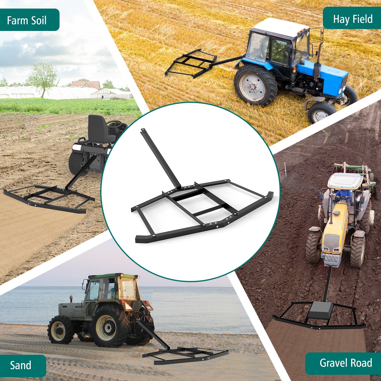 66" Wide Driveway Drag Tow Behind Landscape Leveling Rake with Reinforced Bars-Black