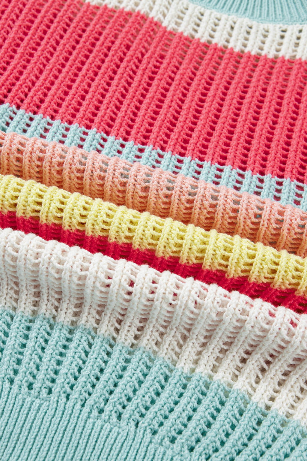 Green Stripe Color Block Hollow Out Knit Short Sleeve Sweater