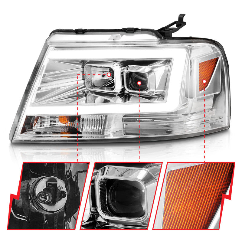 ANZO 2004-2008 Ford  F-150 Projector Headlights w/ Light Bar Chrome Housing 111542