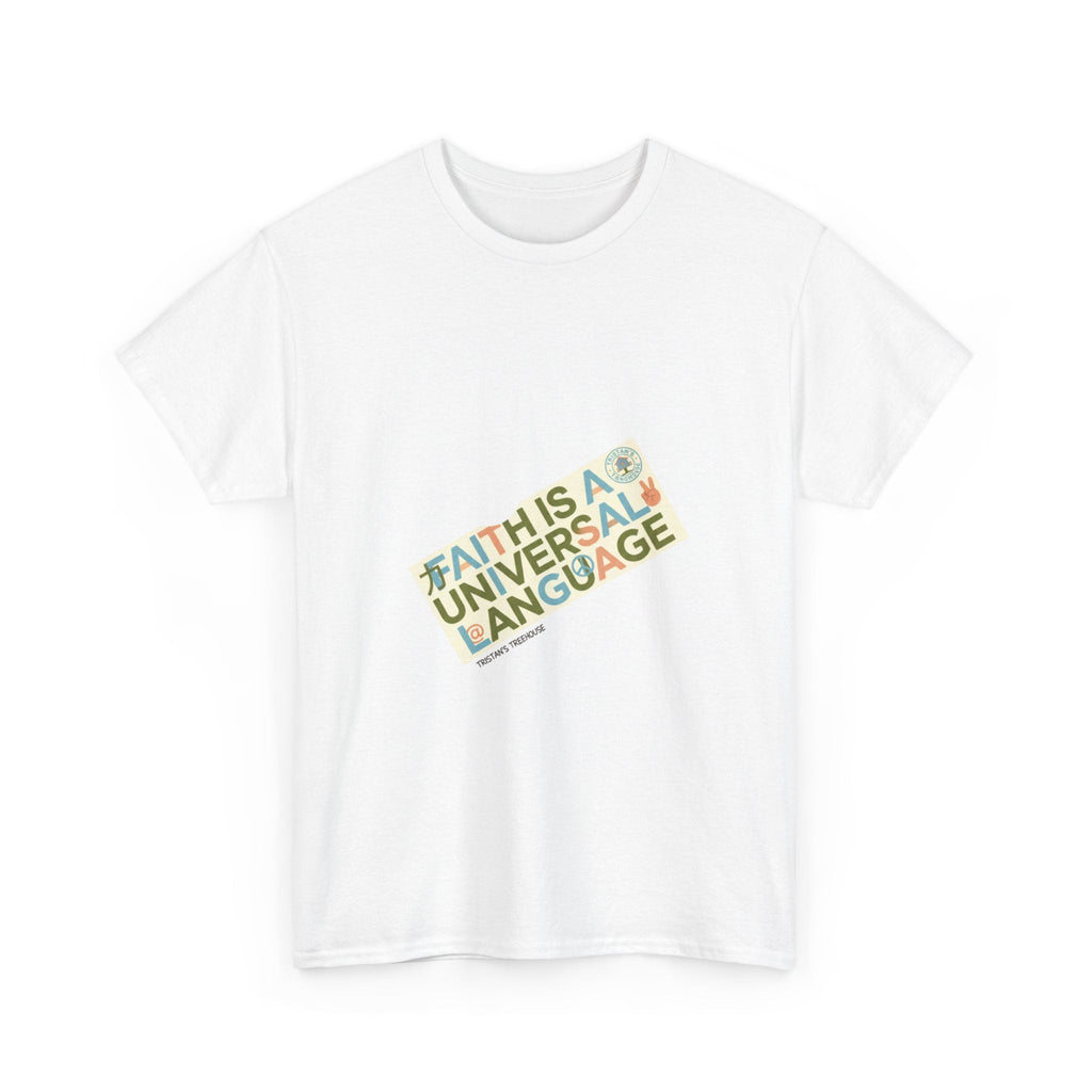 T-Shirt — "Faith Is A Universal Language" Retro Rainbow Text Tee