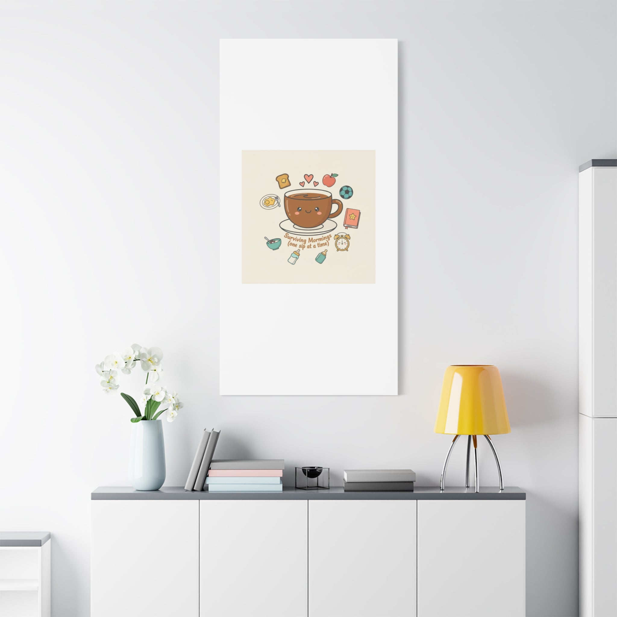 Surviving Mornings (One Sip at a Time) Canvas | Parenting Morning Humor, Coffee & Kids