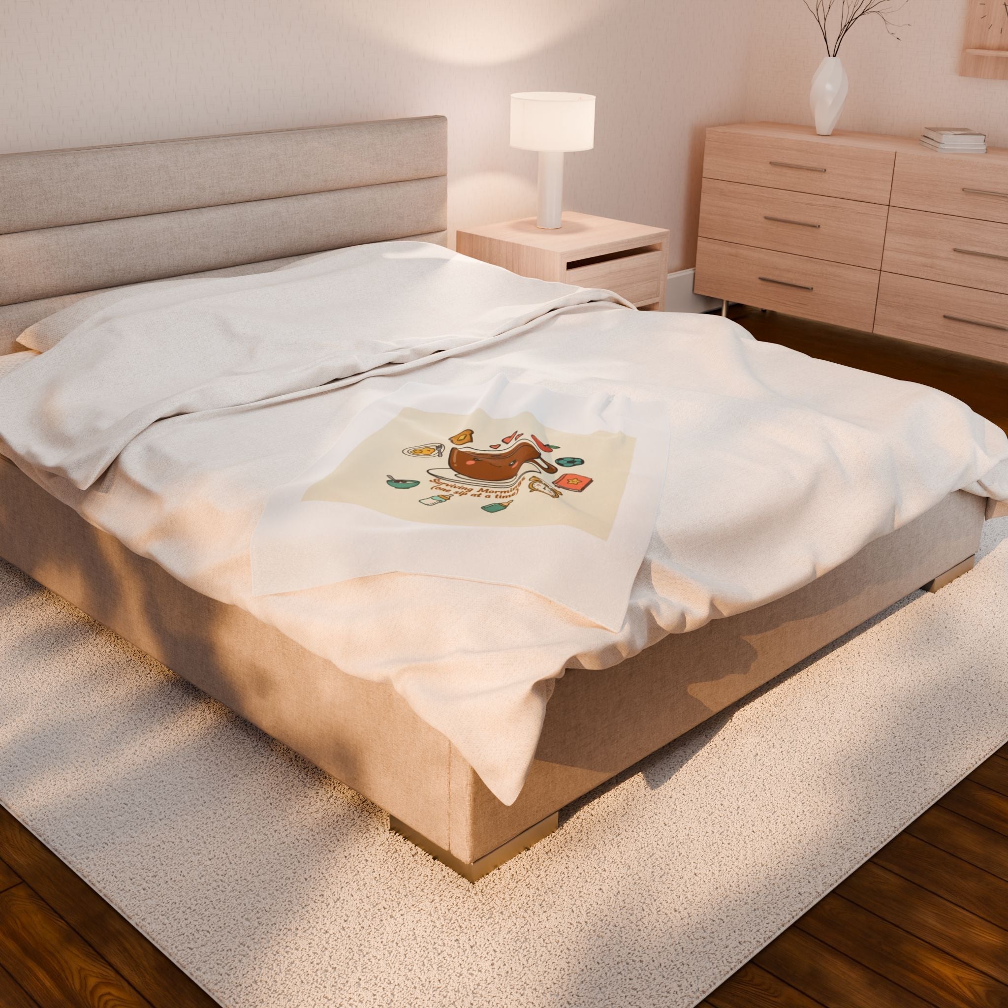 Surviving Mornings Coffee Mug Illustration Velveteen Plush Blanket | Parenting Morning Humor