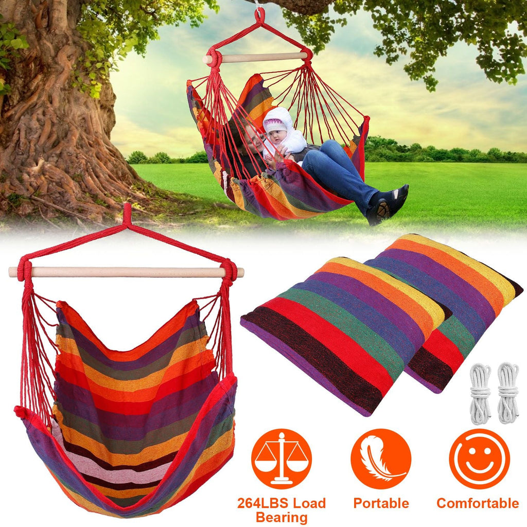Hammock Hanging Chair Canvas Porch Patio Swing Seat Portable Camping Rope Seat Wooden Stick Hammock Chair with 2 Pillows 265LBS Load-bearing