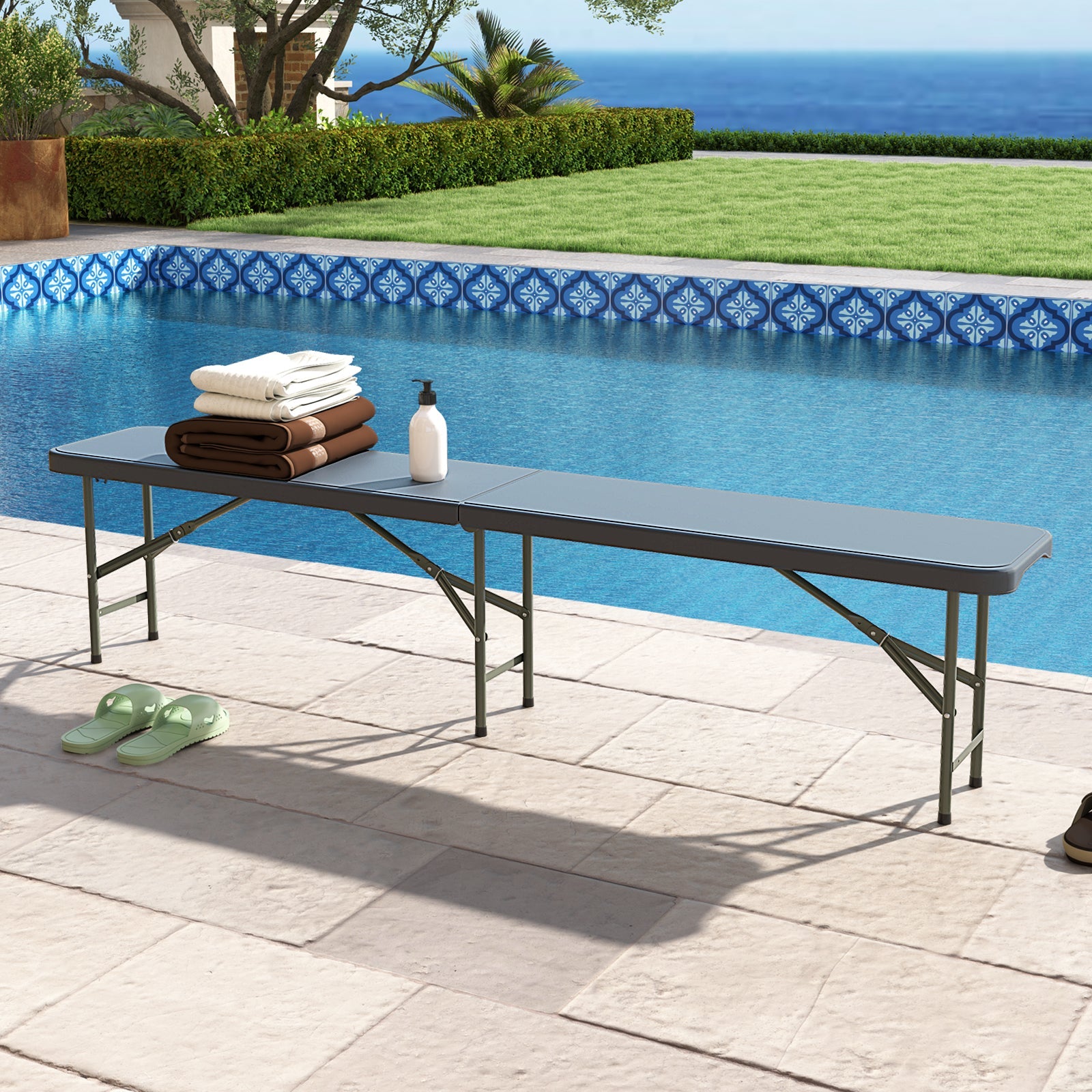 6 Feet Plastic Folding Bench Portable Seat with Handle and Lock