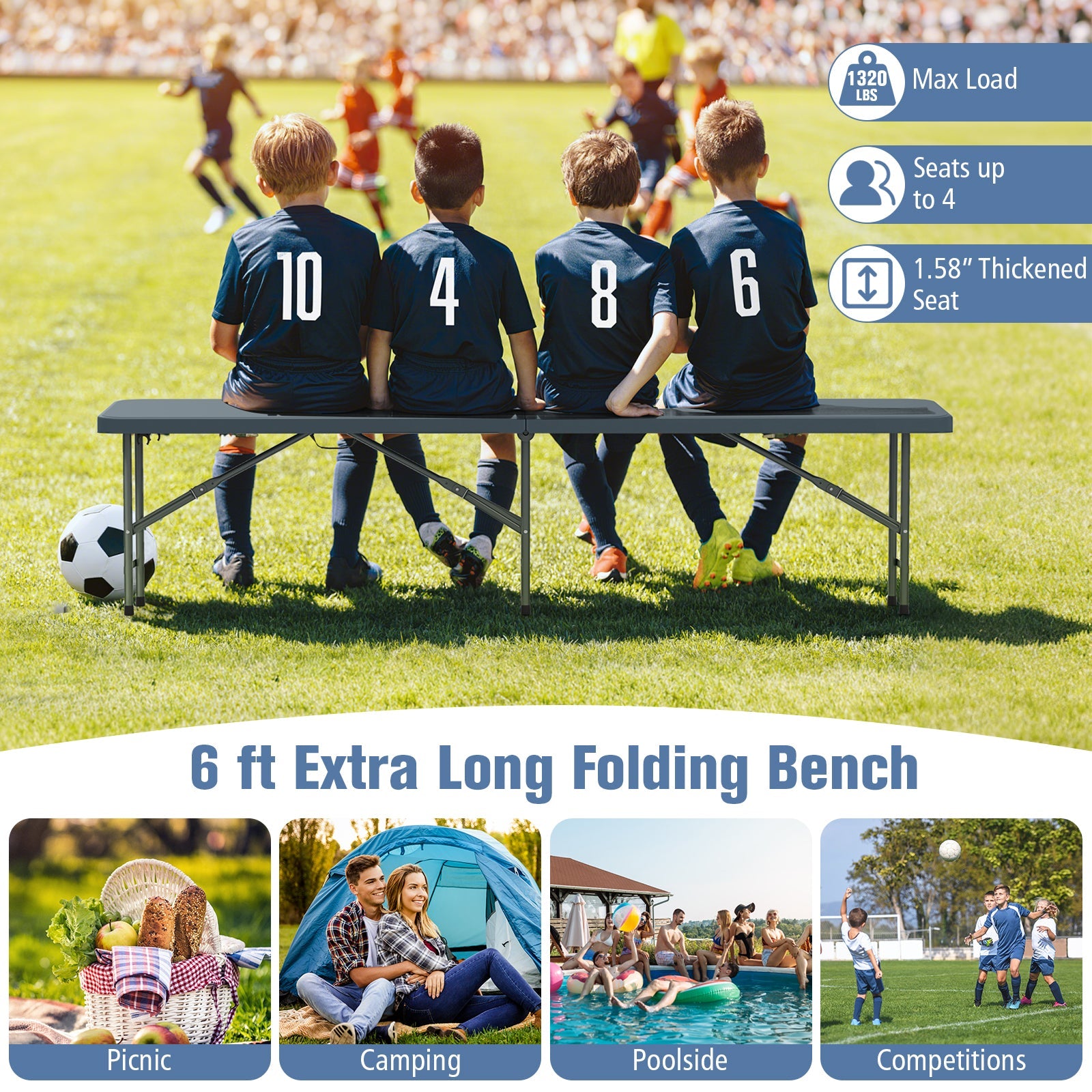6 Feet Plastic Folding Bench Portable Seat with Handle and Lock