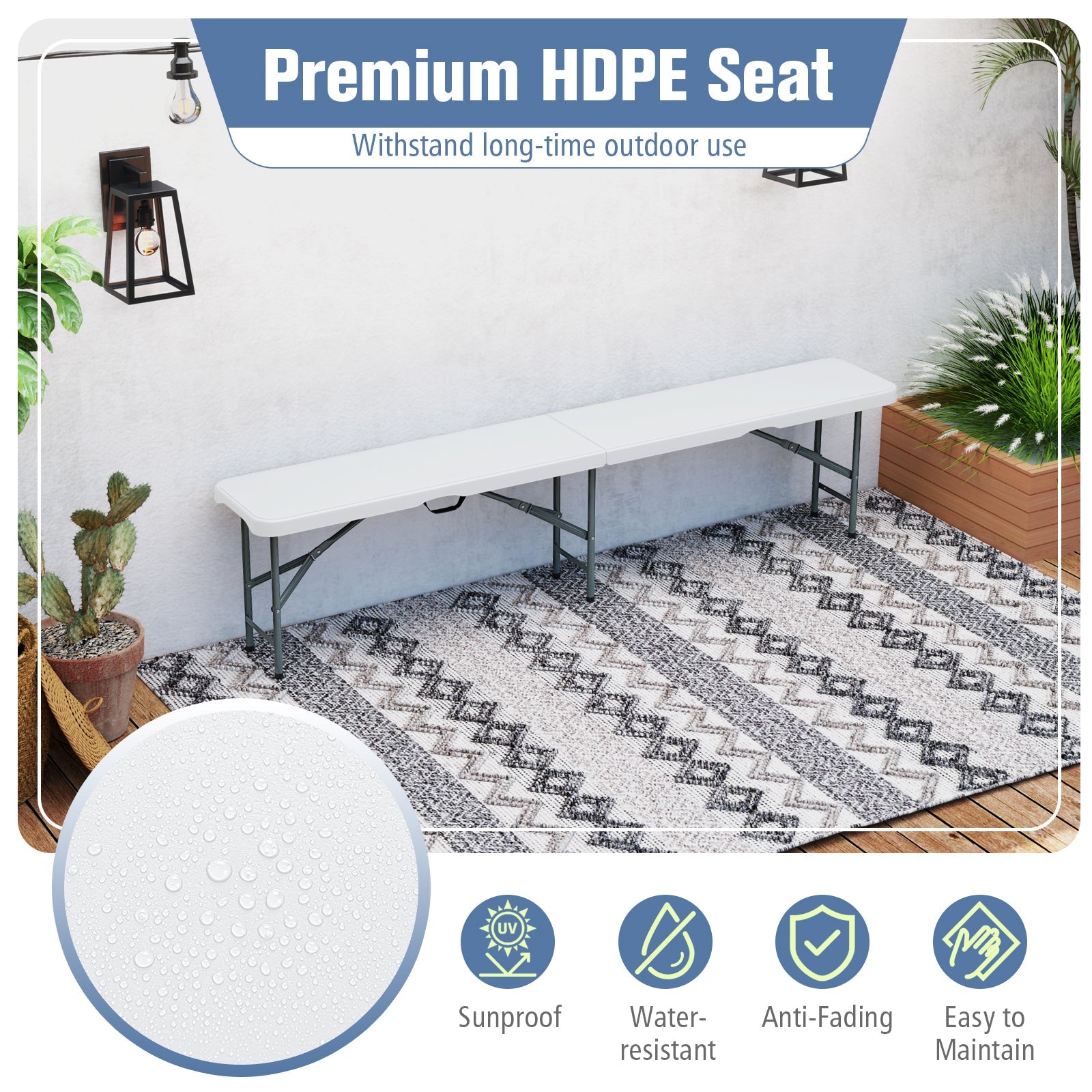 6 Feet Plastic Folding Bench Portable Seat with Handle and Lock