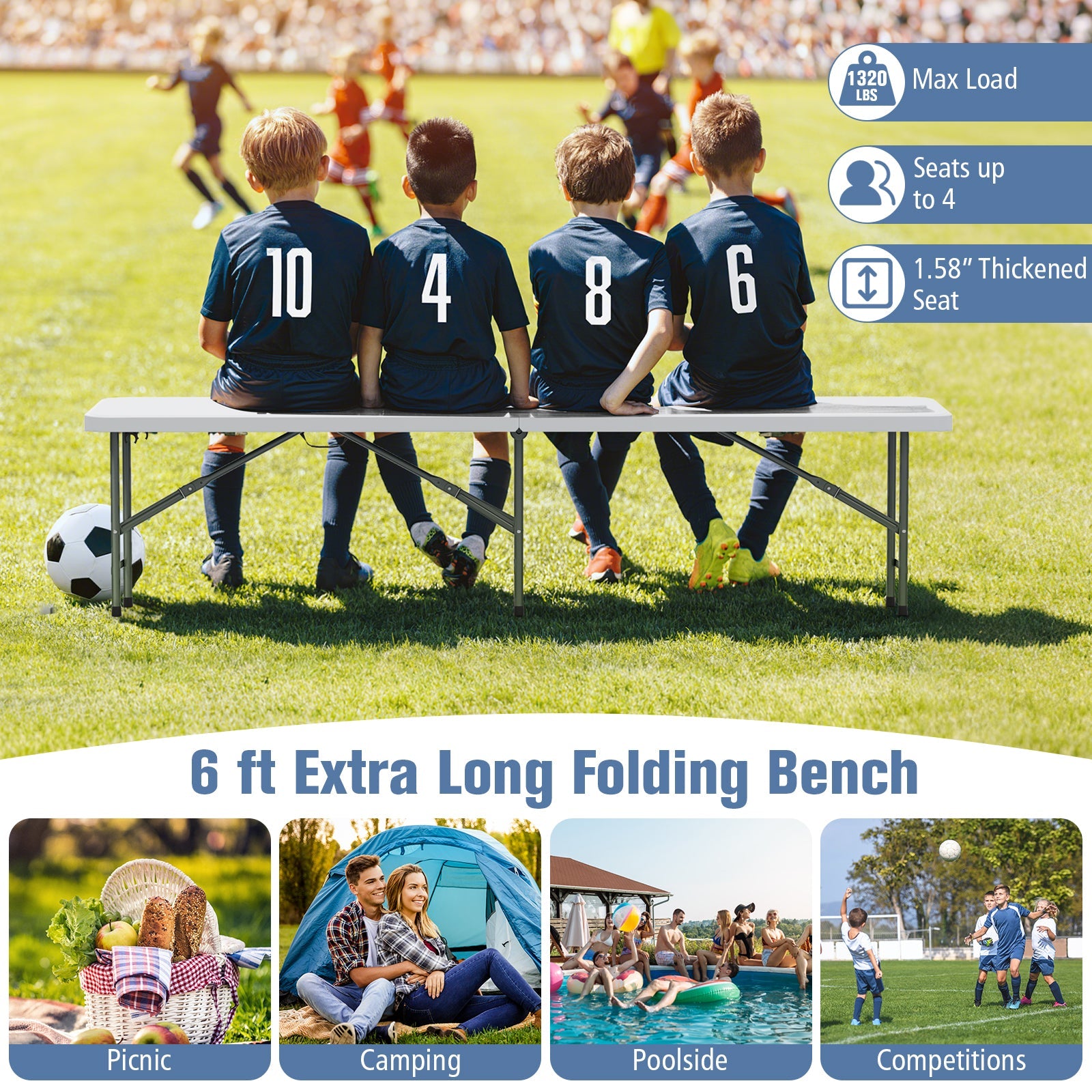 6 Feet Plastic Folding Bench Portable Seat with Handle and Lock