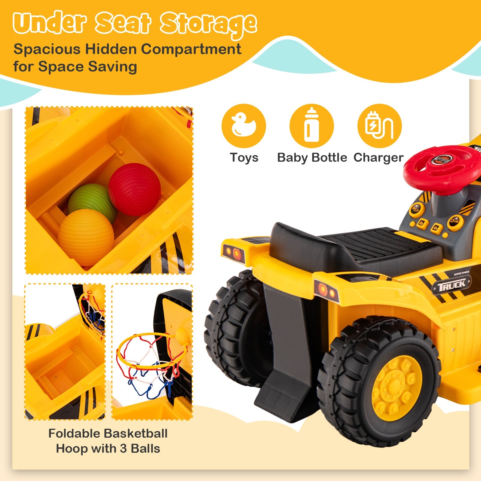 6V Kids Ride On Bulldozer with Folding Basketball Hoop and Balls