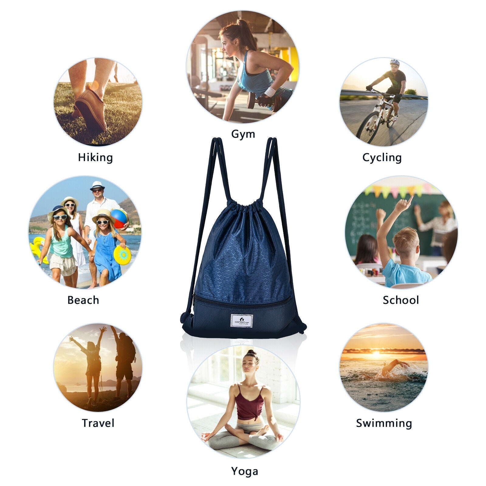 Drawstring Backpack String Bag Foldable Sports Sack with Zipper Pocket