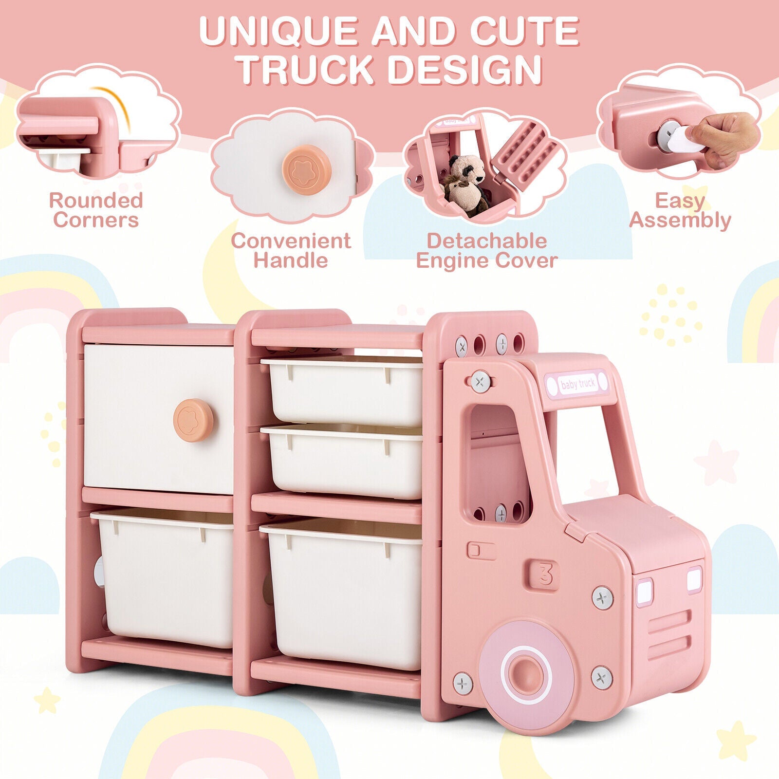 Toddler Truck Storage Organizer with Plastic Bins-Pink