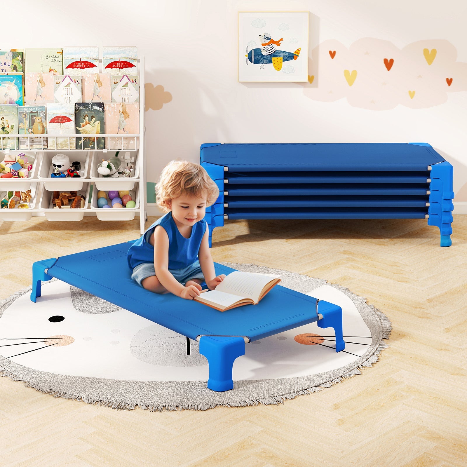 Portable 6 Pack Stackable Daycare Cots Sleeping Bed for Kids 53 Inch-Blue