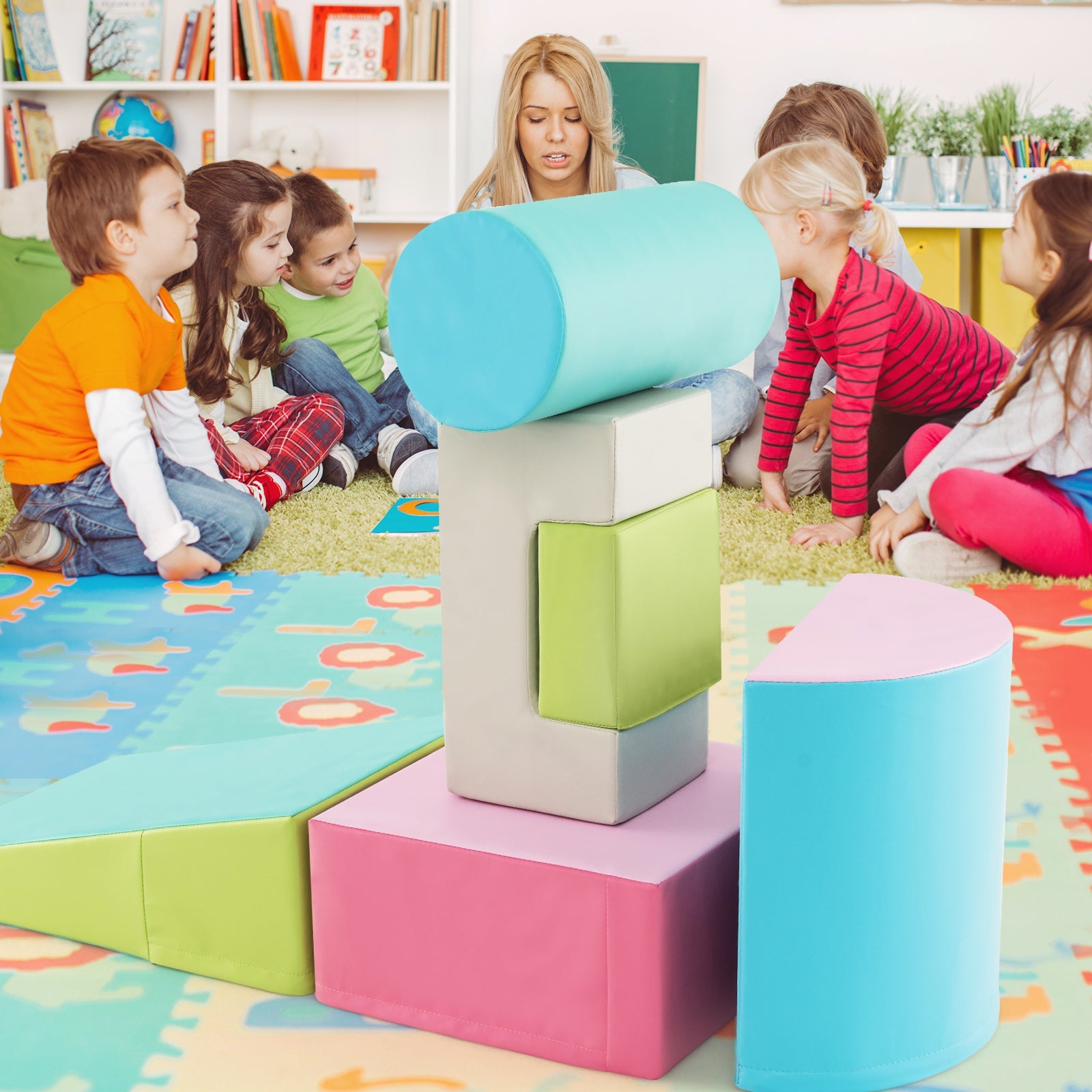 6 Pieces Foam Climbing Blocks Indoor Climb and Crawl Activity Playset with Rectangles-Green