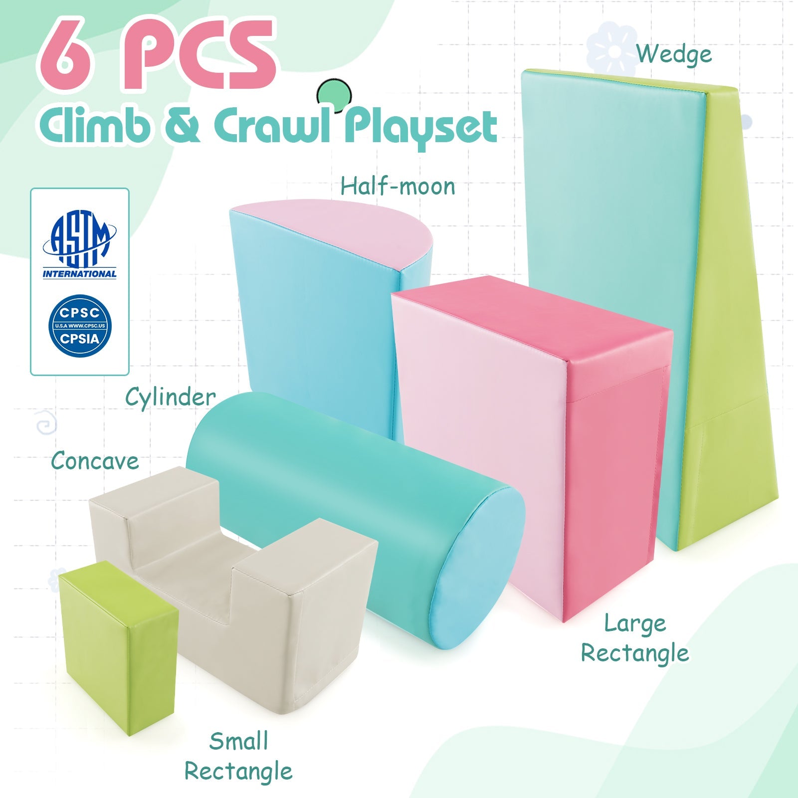 6 Pieces Foam Climbing Blocks Indoor Climb and Crawl Activity Playset with Rectangles-Green