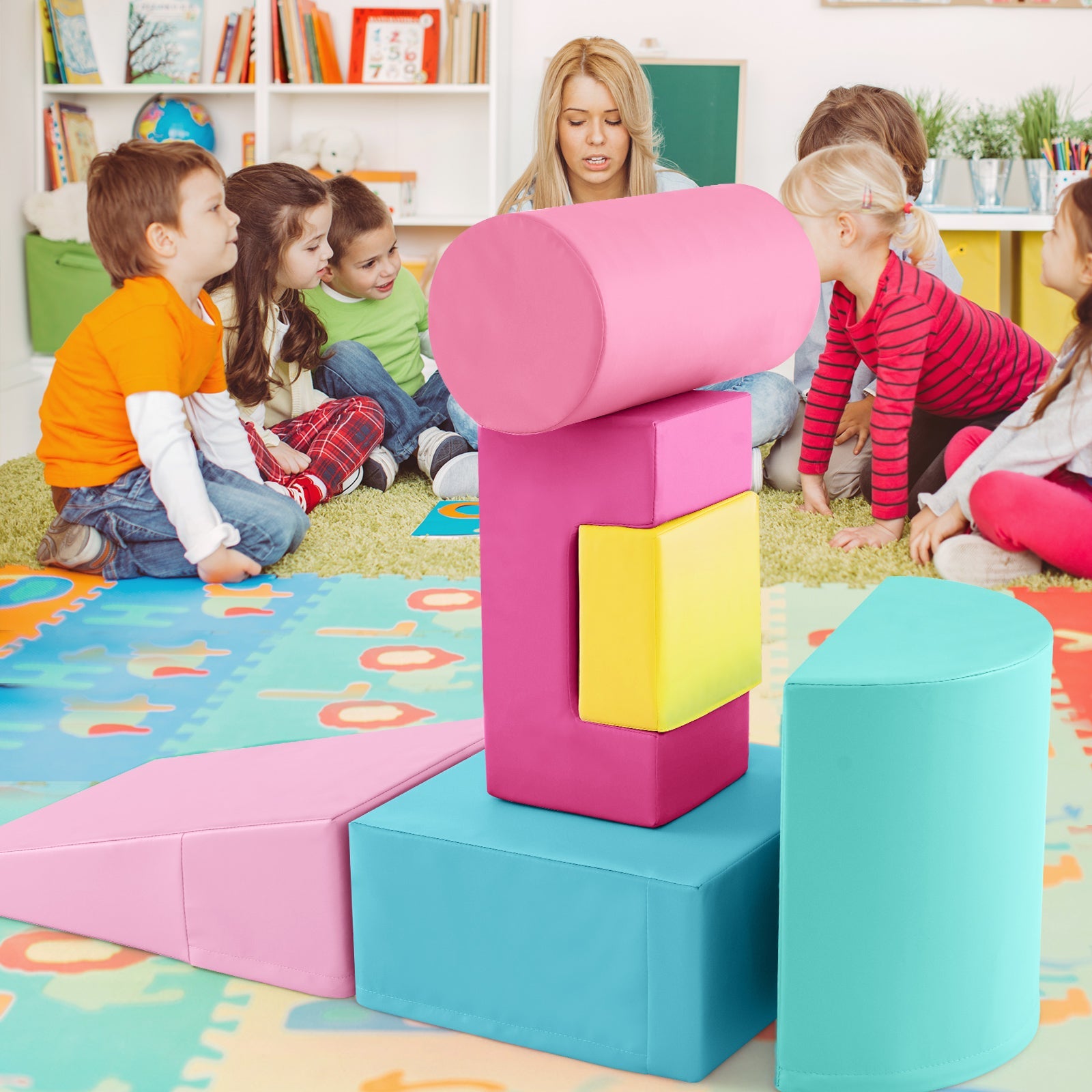 6 Pieces Foam Climbing Blocks Indoor Climb and Crawl Activity Playset with Rectangles-Pink