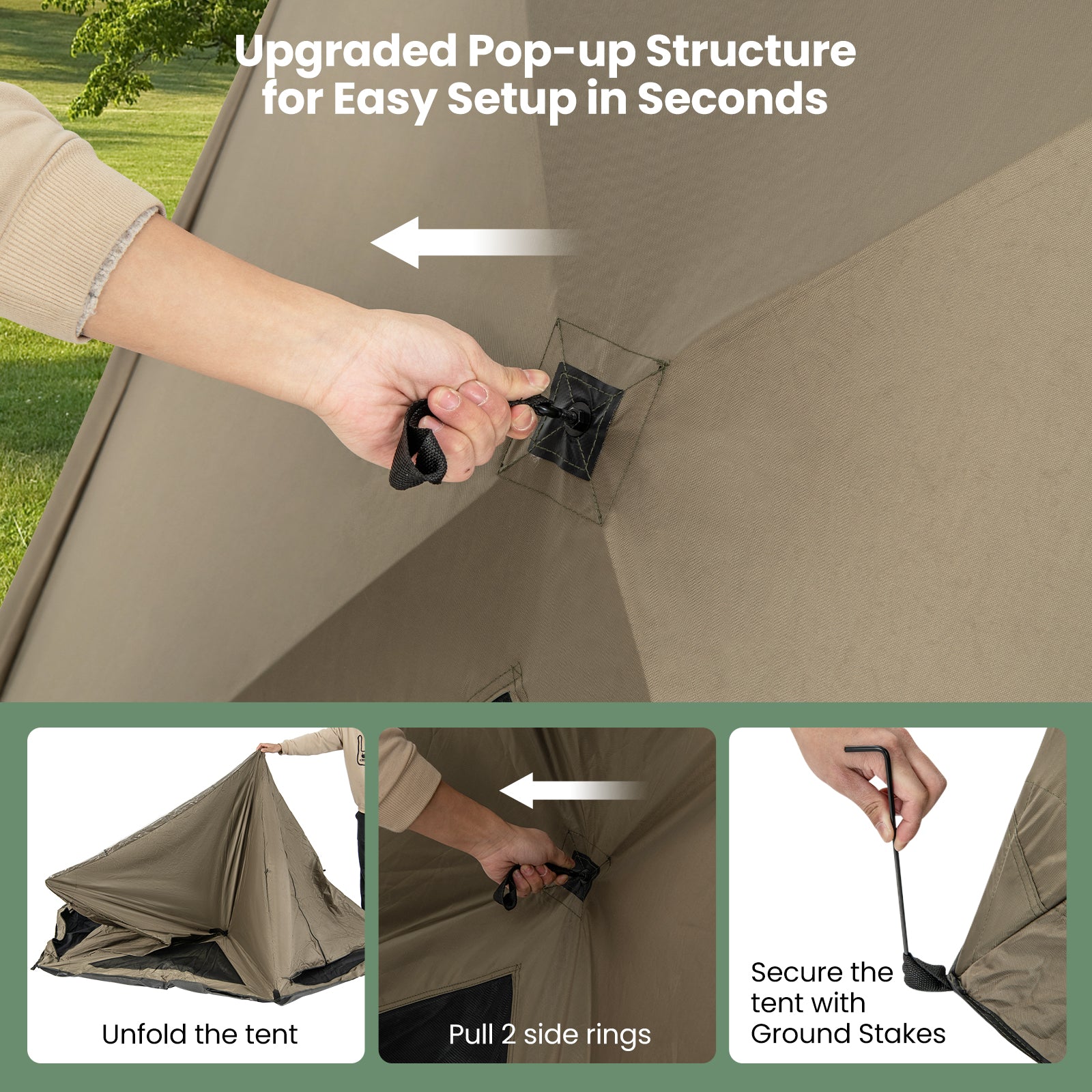 6-Sided Pop-up Family Tent with Rainfly Skylight 3 Doors 3 Windows-Green