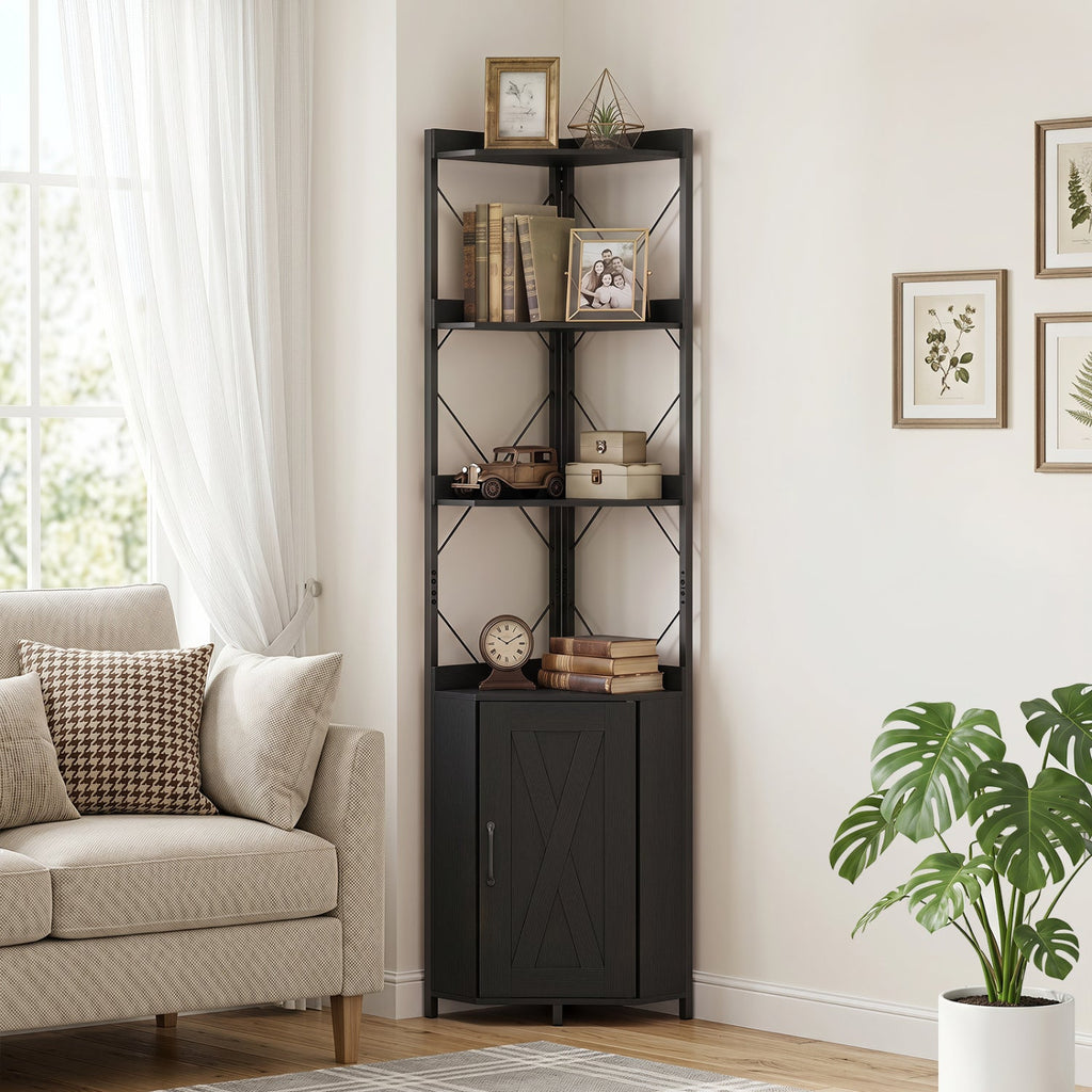6-Tier Corner Bookshelf with Cabinet 71" Tall Metal Frame