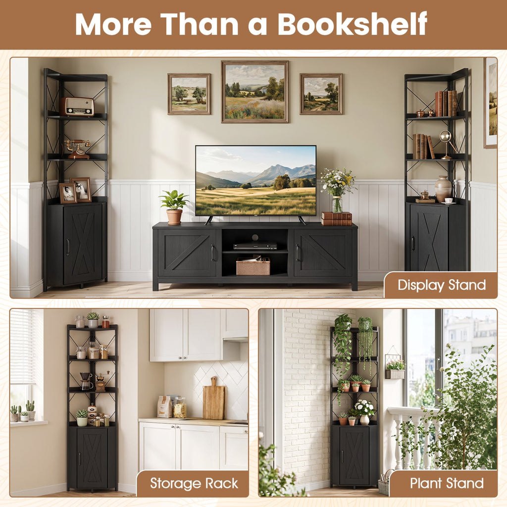 6-Tier Corner Bookshelf with Cabinet 71" Tall Metal Frame