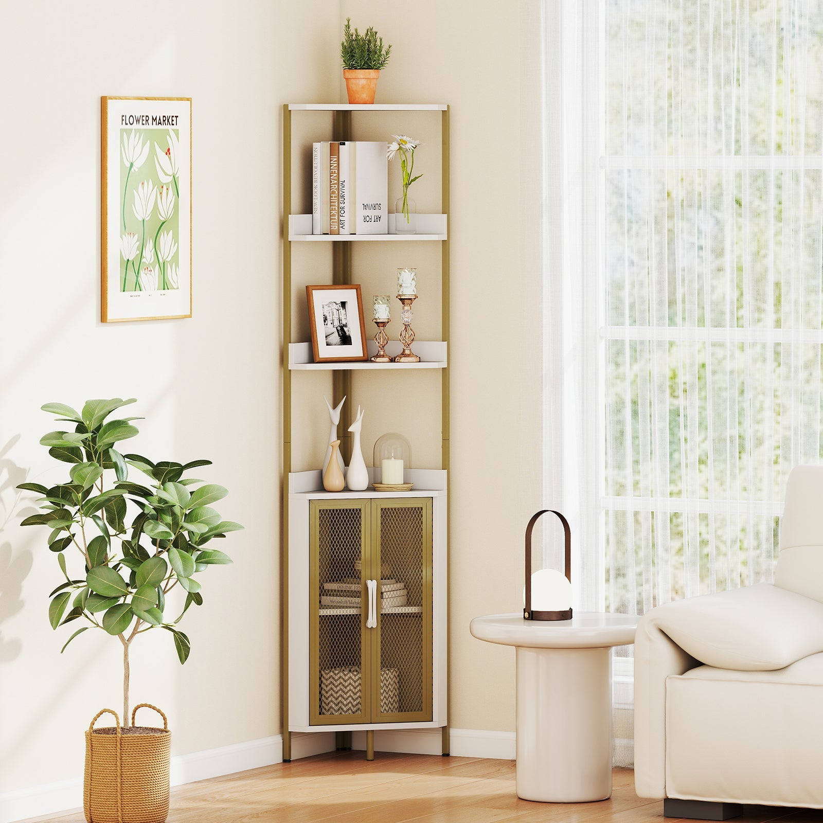 DirectDeals 6-Tier Corner Shelf 67 Inches Tall Industrial Bookcase with Cabinet