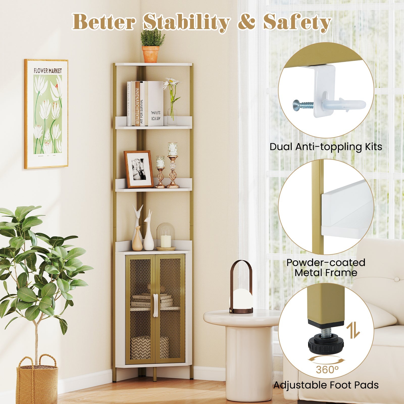 DirectDeals 6-Tier Corner Shelf 67 Inches Tall Industrial Bookcase with Cabinet