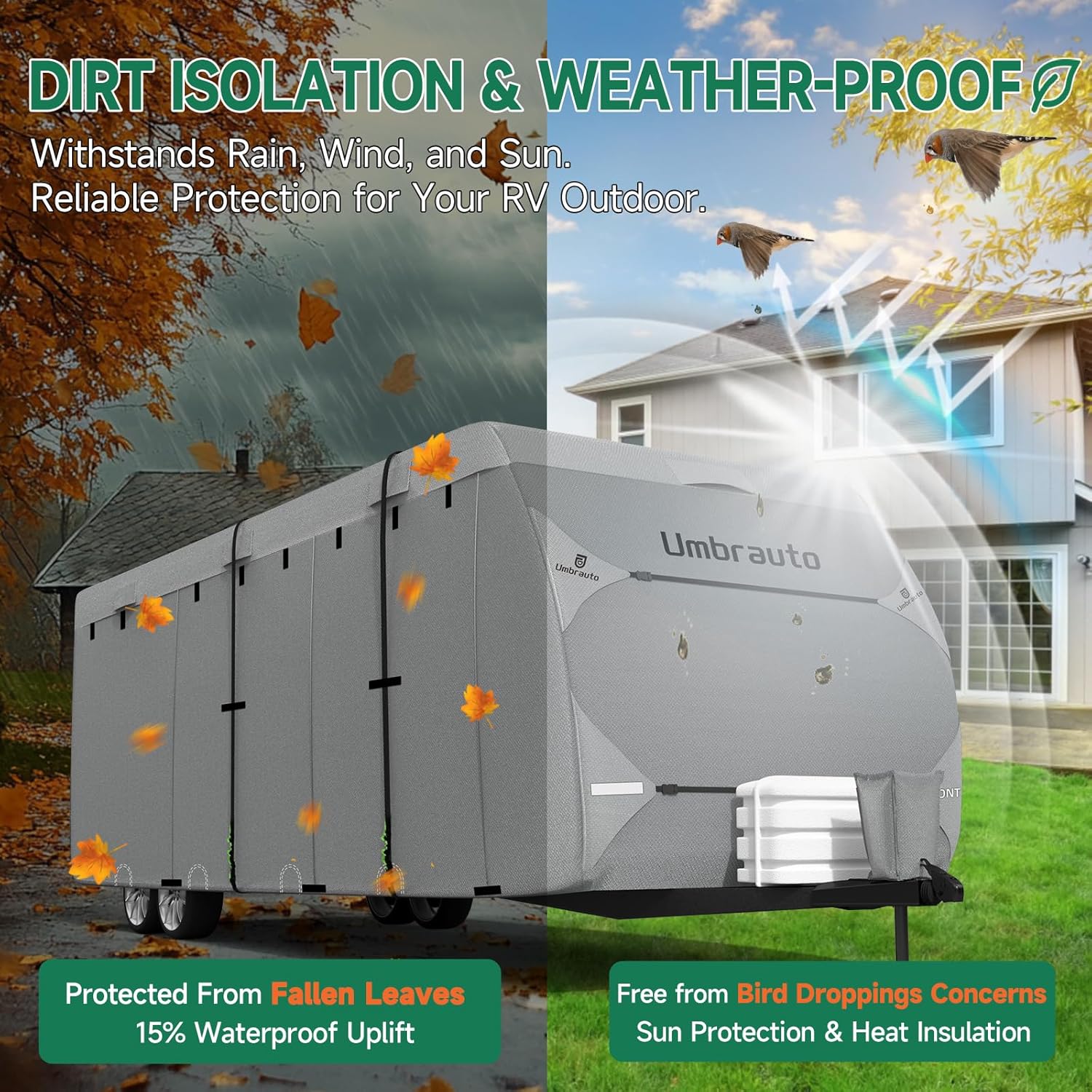 Umbrauto Bi-component Hi-tech Fabric RV Cover,Travel Trailer Cover, Waterproof Camper Cover, Toy Hauler Cover with Tongue Jack Cover, Extra Windproof Ropes, Gutter Covers