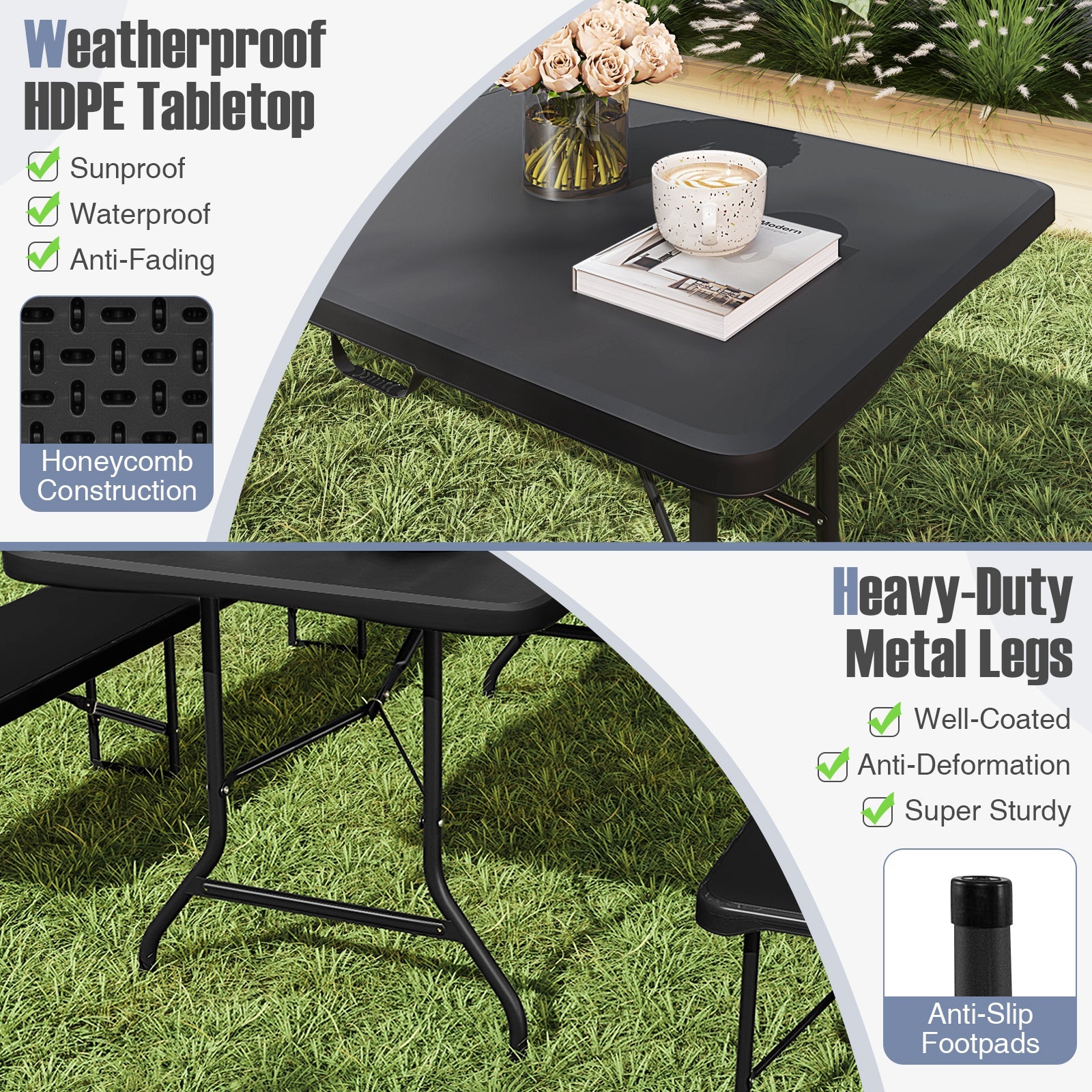 6 ft Portable Folding Table 350 LBS Fold-in-Half Table with HDPE Tabletop