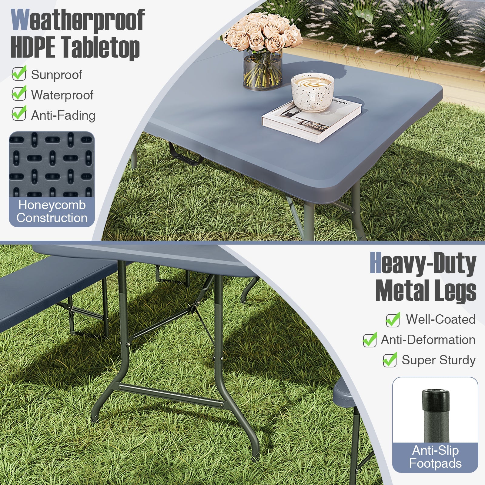 6 ft Portable Folding Table 350 LBS Fold-in-Half Table with HDPE Tabletop
