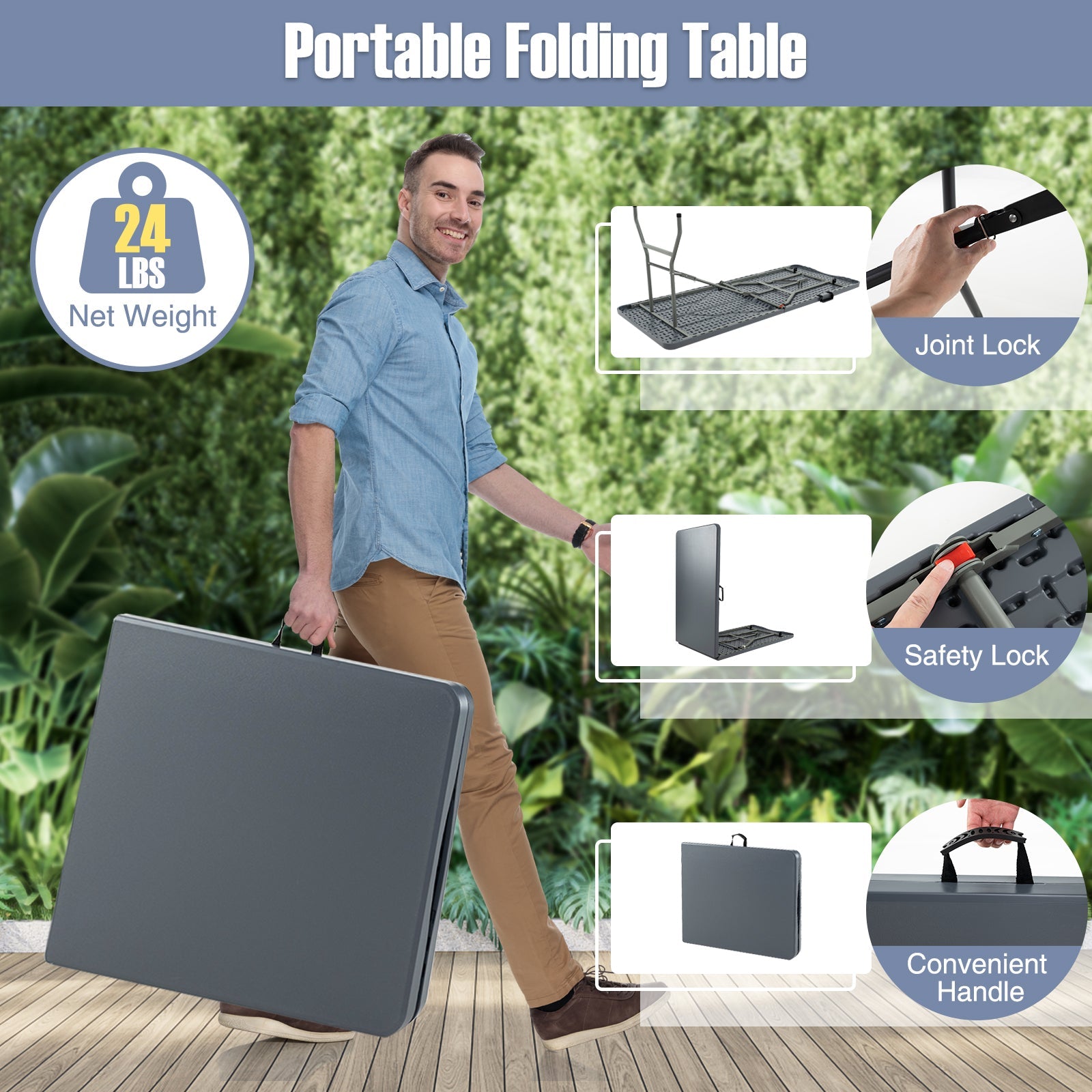 6 ft Portable Folding Table 350 LBS Fold-in-Half Table with HDPE Tabletop
