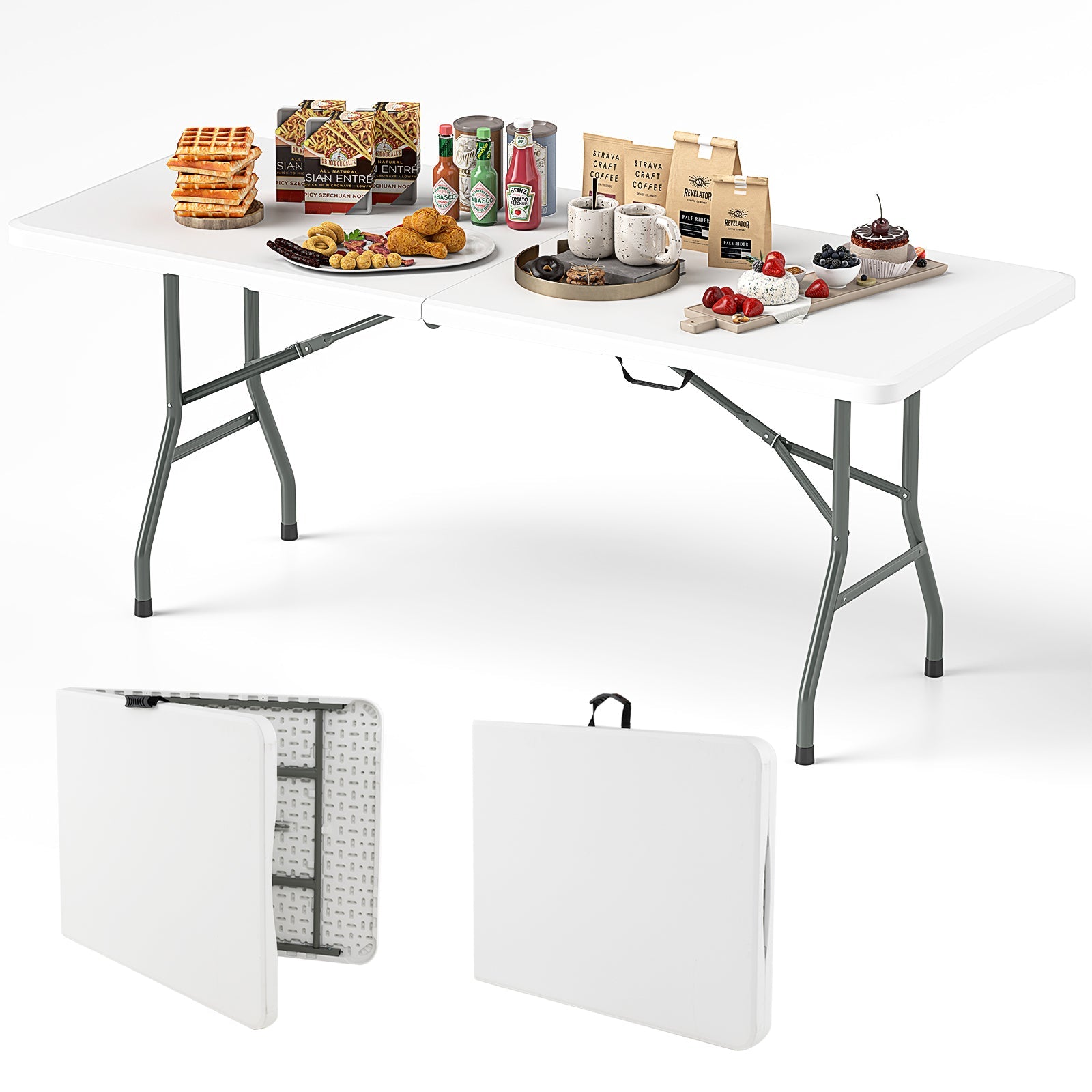 6 ft Portable Folding Table 350 LBS Fold-in-Half Table with HDPE Tabletop