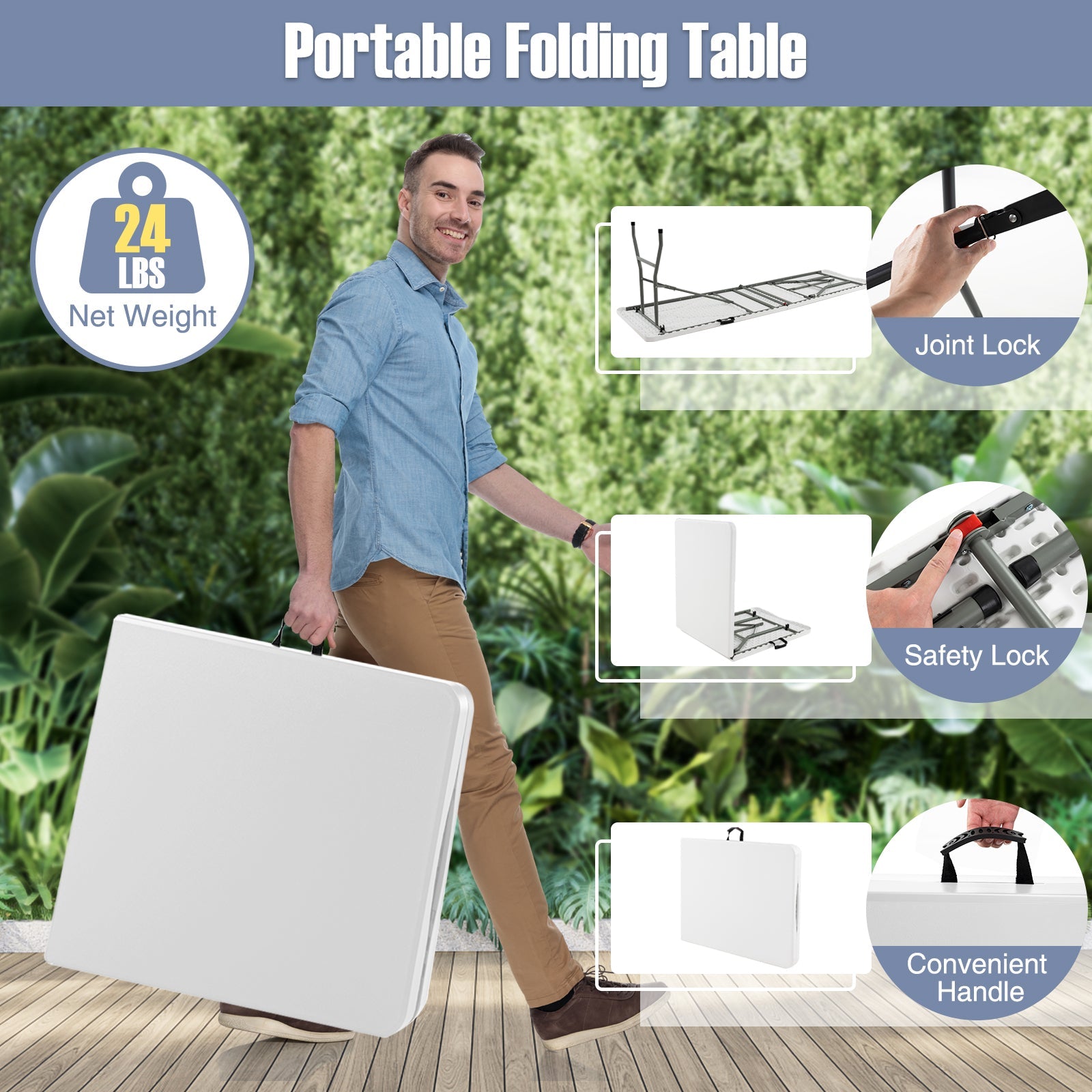 6 ft Portable Folding Table 350 LBS Fold-in-Half Table with HDPE Tabletop
