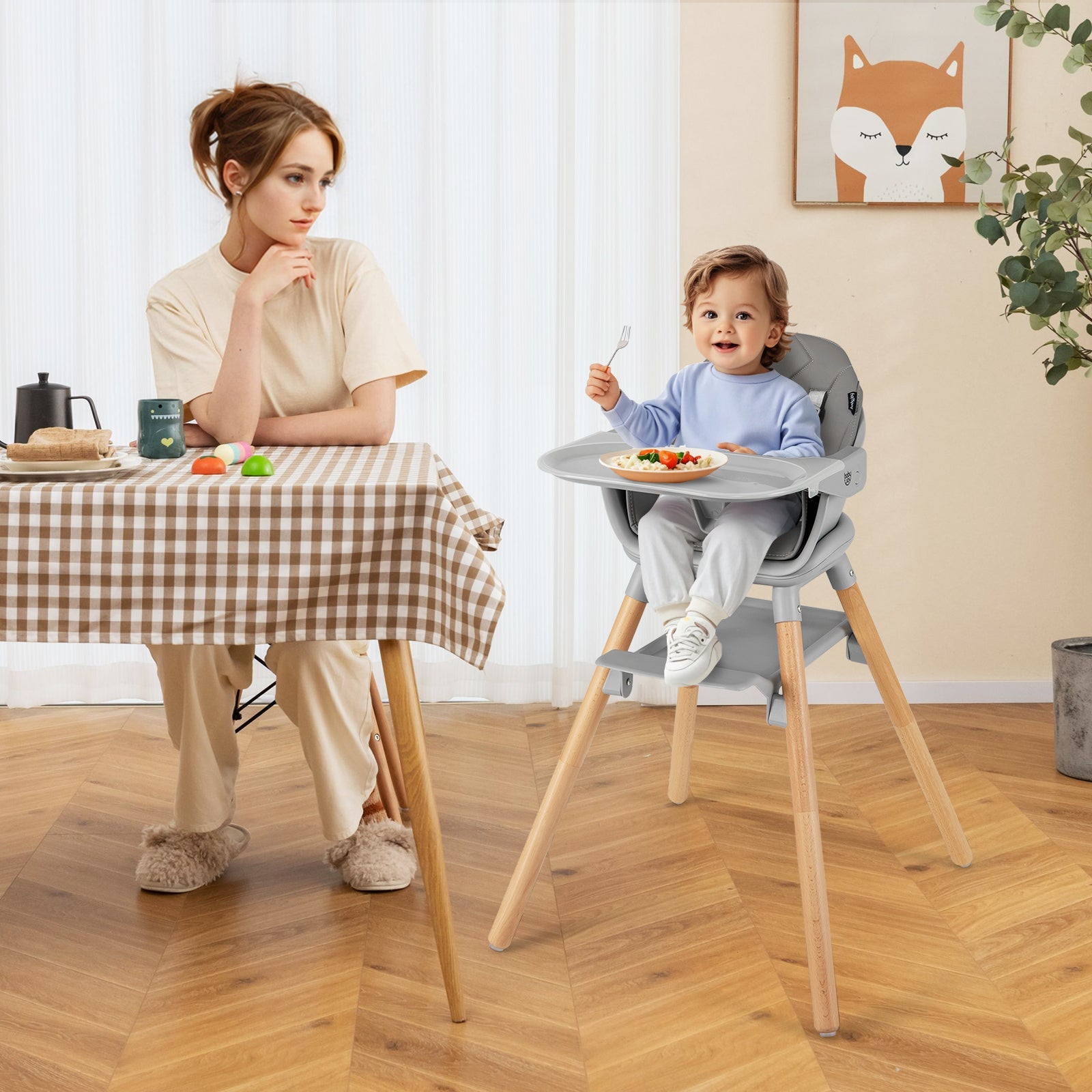 6 in 1 Convertible Highchair with Safety Harness and Removable Tray-Gray