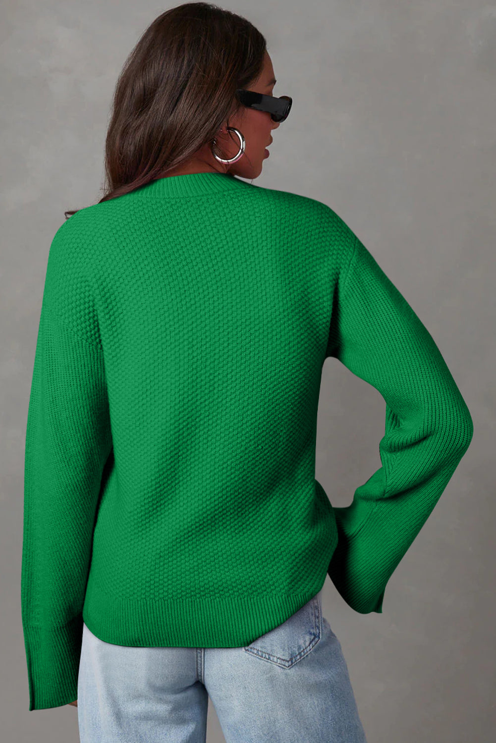 Parchment Solid Textured Knit Split Cuff Drop Shoulder Loose Sweater
