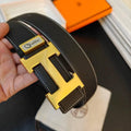 Hermes Men Gold Buckle Belt 'Black'