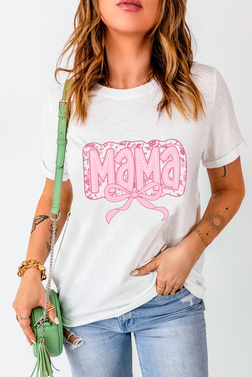 White MaMa Bowknot Graphic Crewneck Mothers Day T Shirt