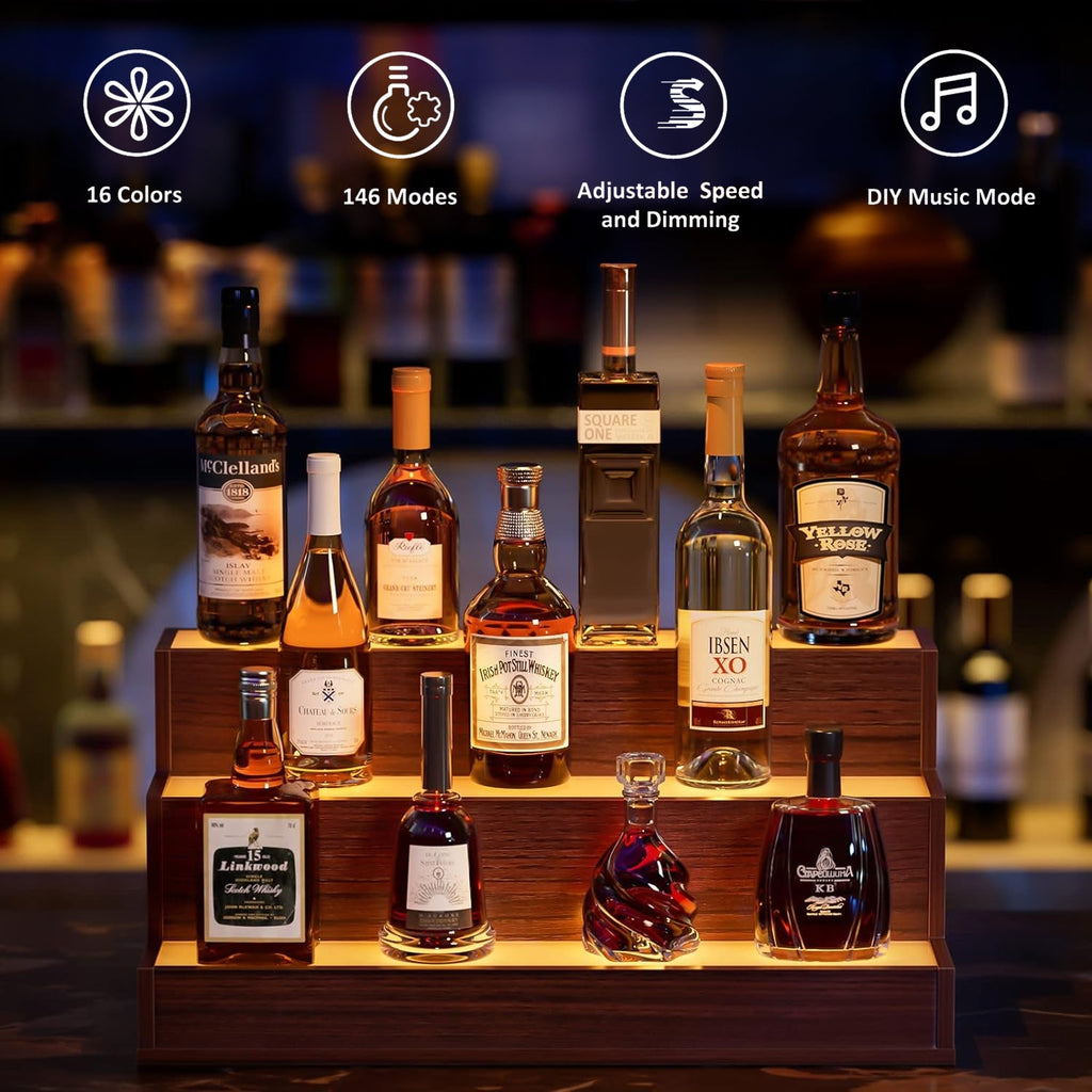 LED Lighted Liquor Bottle Display Shelf, 24 Inch Bar Display Shelf, DIY Illuminated Bottle Shelf with App & Remote Control, 3 Step Freestanding Holding Bottles for Home Bar, Party, Walnut