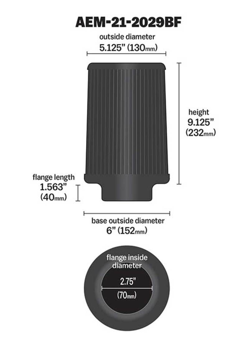 AEM Induction AEM Dryflow Conical Air Filter 2.75in Flange ID / 6in Base OD / 5.125in Top OD / 9.125in Height 21-2029BF