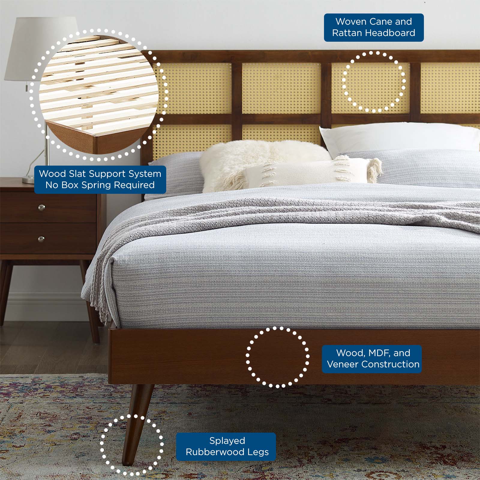 Sidney Cane and Wood Full Platform Bed With Splayed Legs by Modway