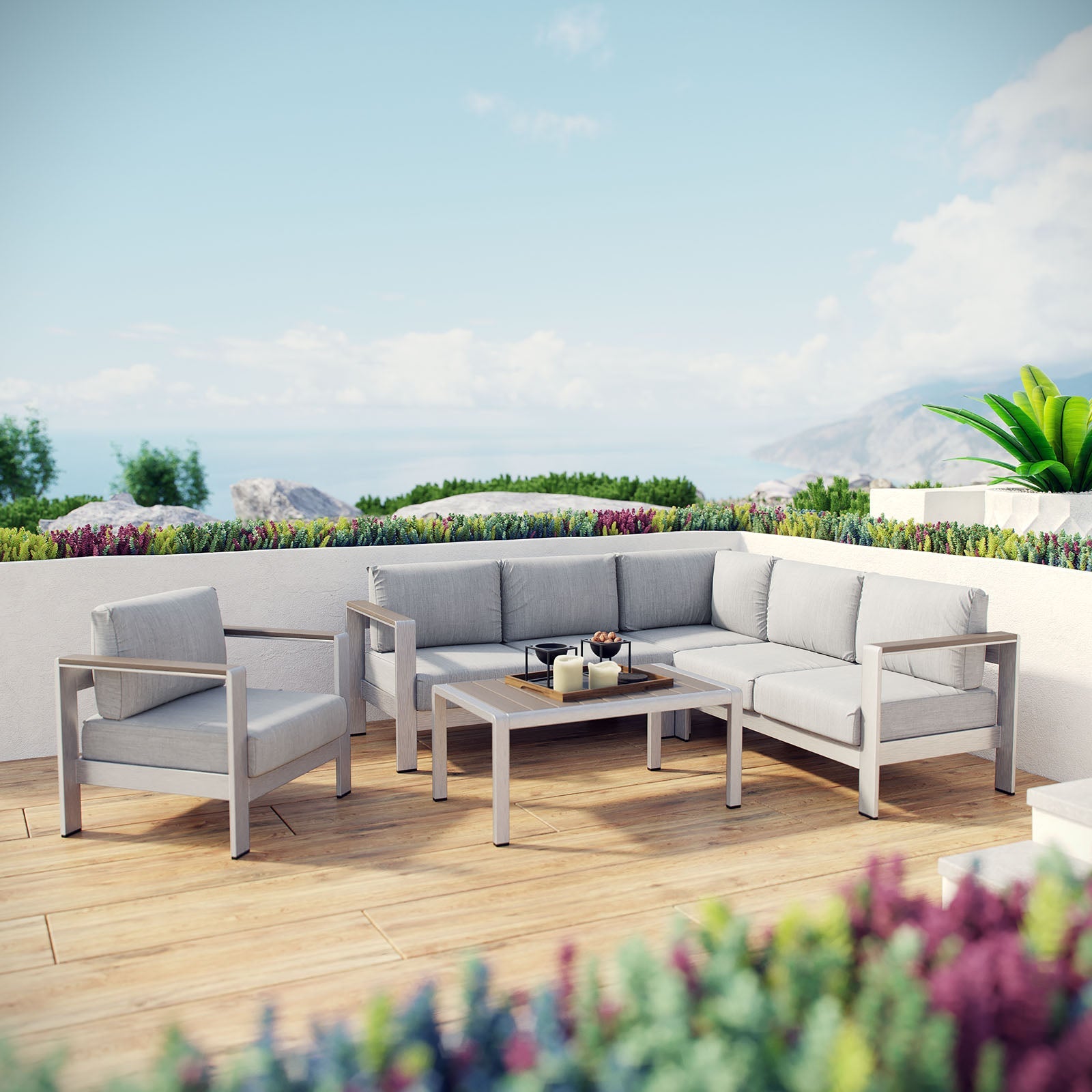 Shore 5 Piece Outdoor Patio Aluminum Sectional Sofa Set by Modway