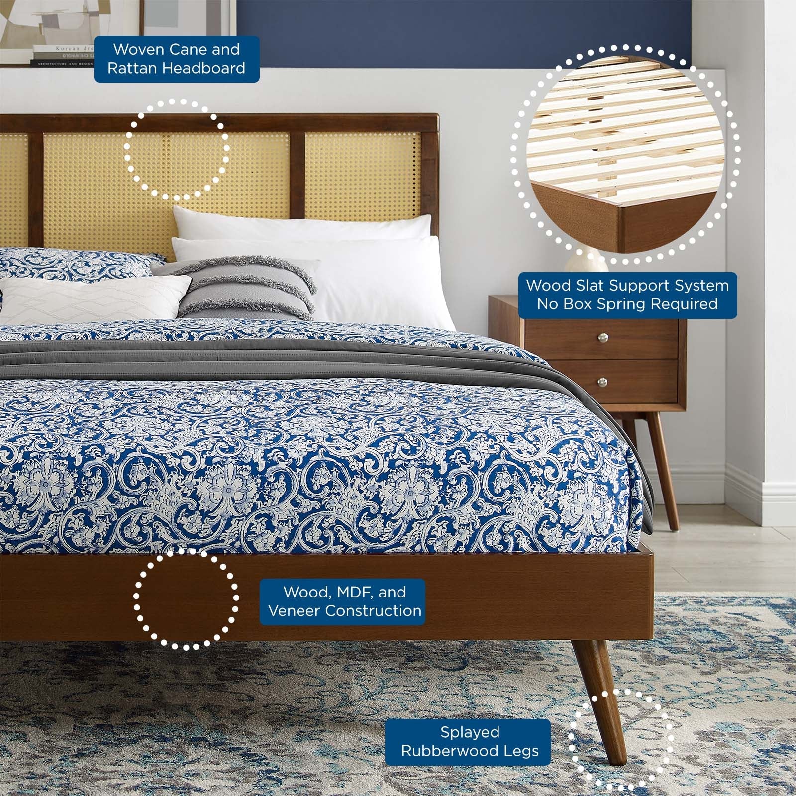 Kelsea Cane and Wood King Platform Bed With Splayed Legs by Modway
