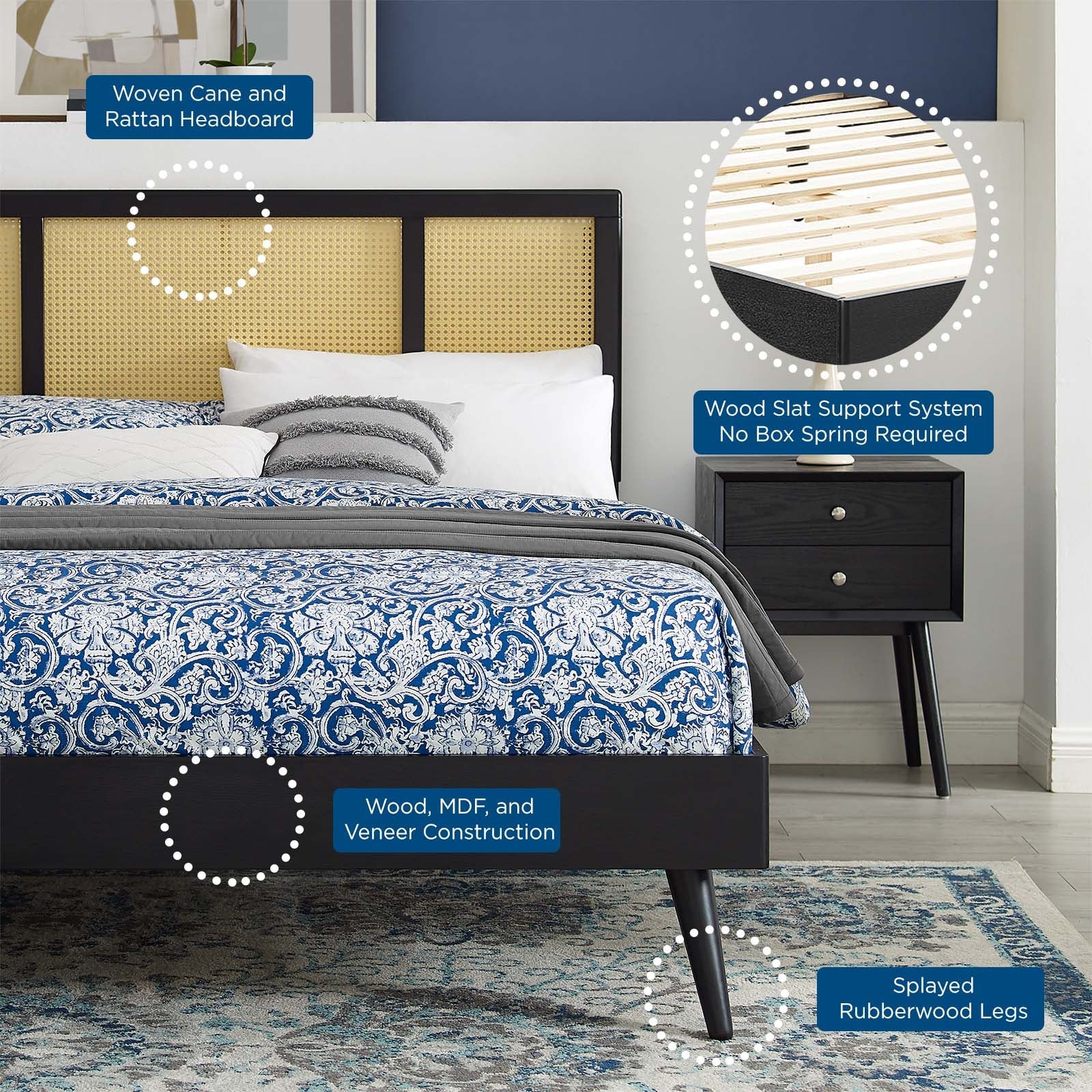 Kelsea Cane and Wood Full Platform Bed With Splayed Legs by Modway