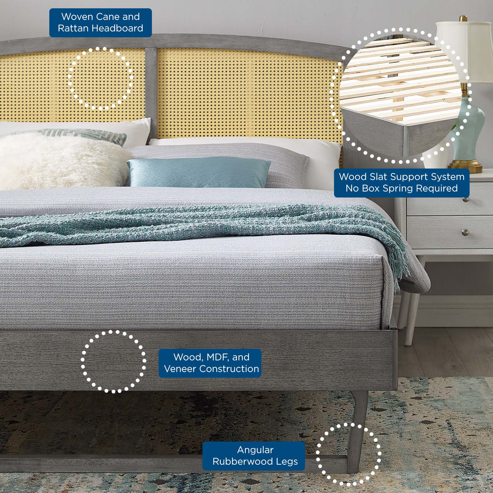 Sierra Cane and Wood Queen Platform Bed With Angular Legs by Modway