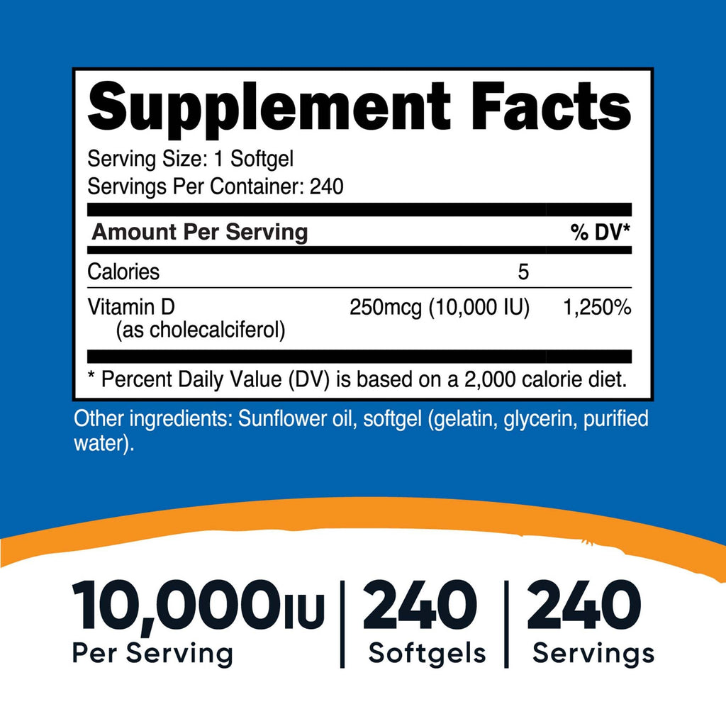 Dietary Supplement nutricost® Vitamin D3 10,000 IU Strength Softgel 240 Per Bottle NTC071101
