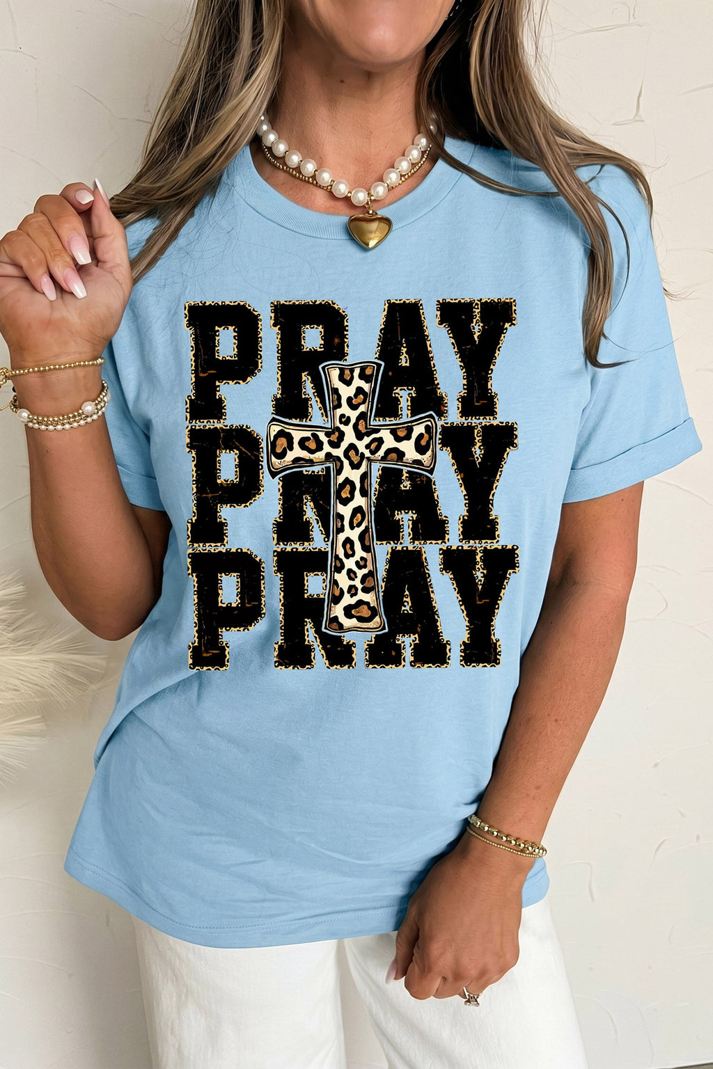 Light Blue PRAY Leopard Cross Graphic Loose Round Neck T Shirt