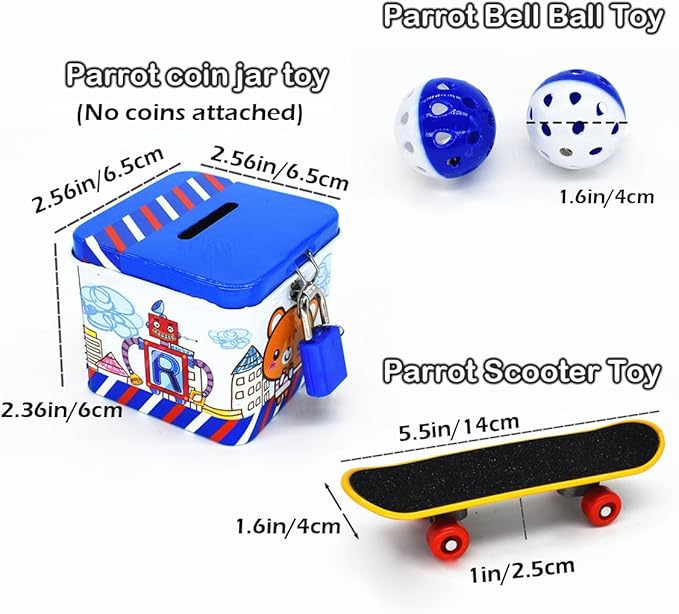 6pcs Interactive Puzzle Toy Set for Small Parrots - Training, Stress Relief, Include Coin Box, Bell Ball, Skateboard & Ferrule Toy for Bird Budgies, Cockatiels, Parakeet etc - PhishStones Products
