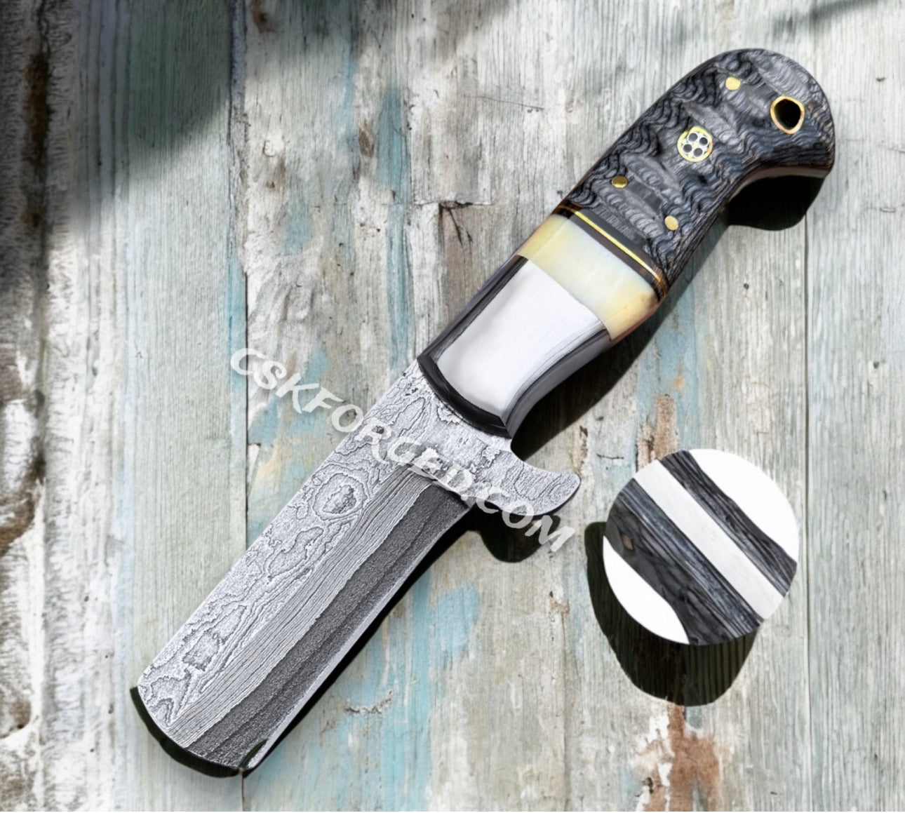 7" Handmade Damascus Cowboy Bull cutter knife with leather sheath - PhishStones Products